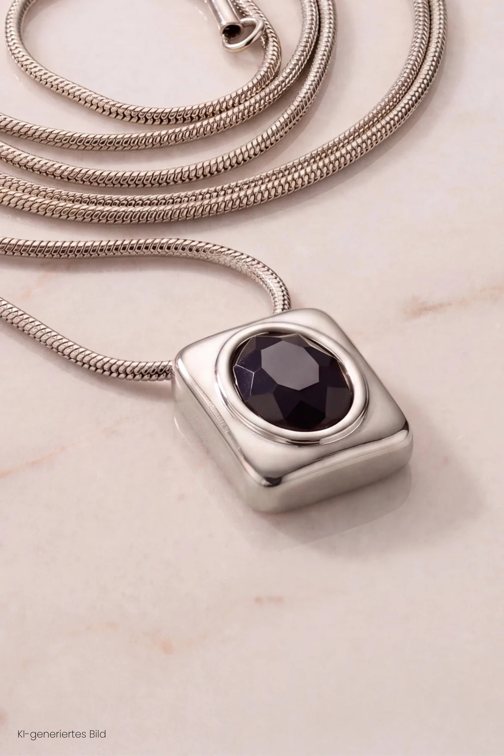 Feine Kette mit schwarzem Stein, silber-schwarz