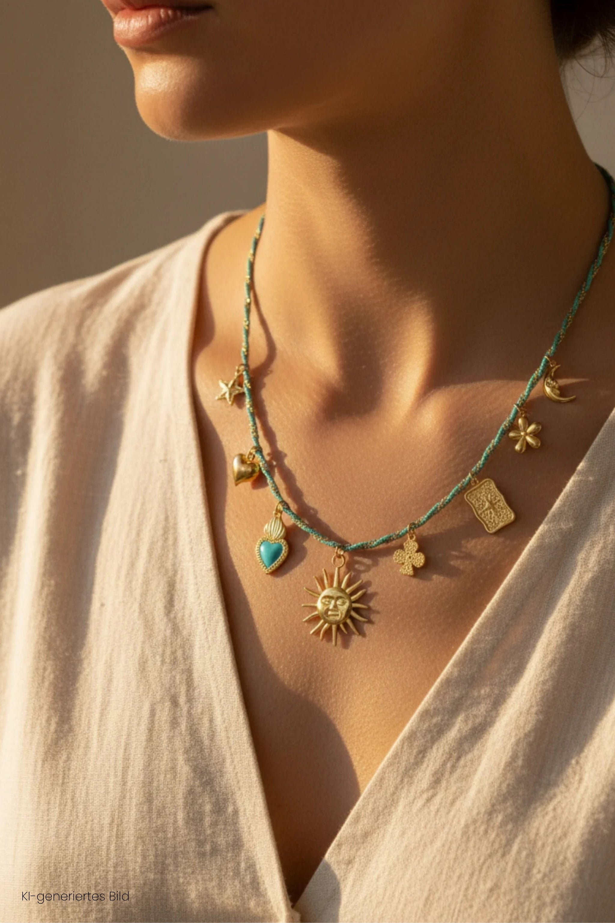 Kette mit Anhängern, türkis-gold