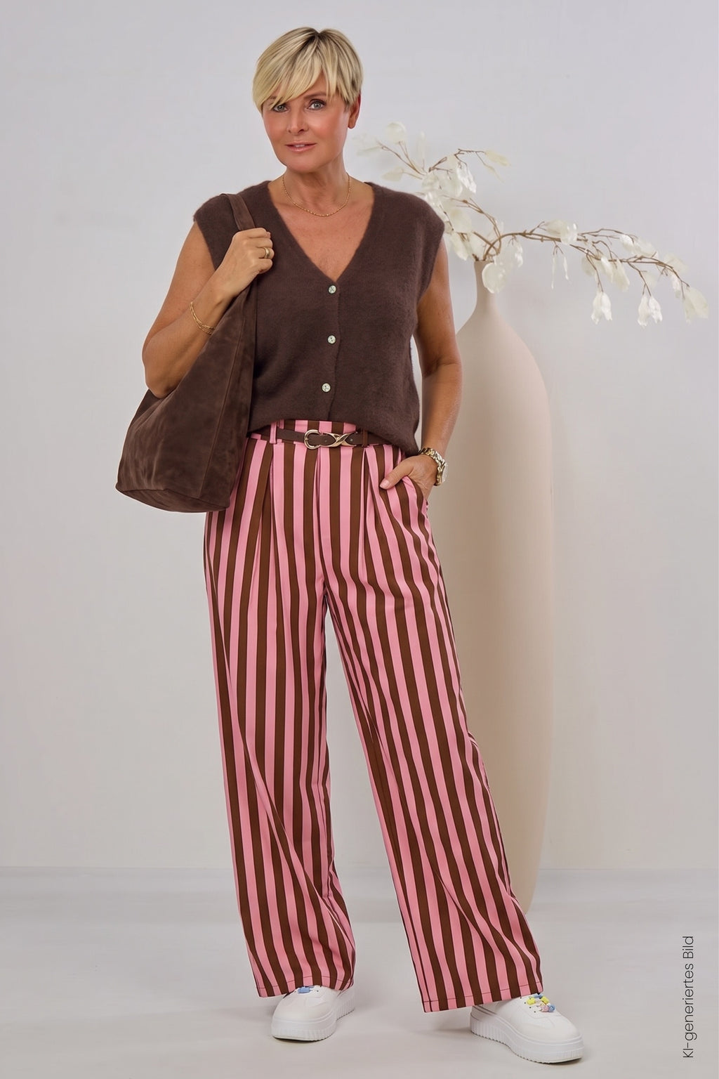 gestreifte Marlene Hose mit elastischem Bund, braun-rosa