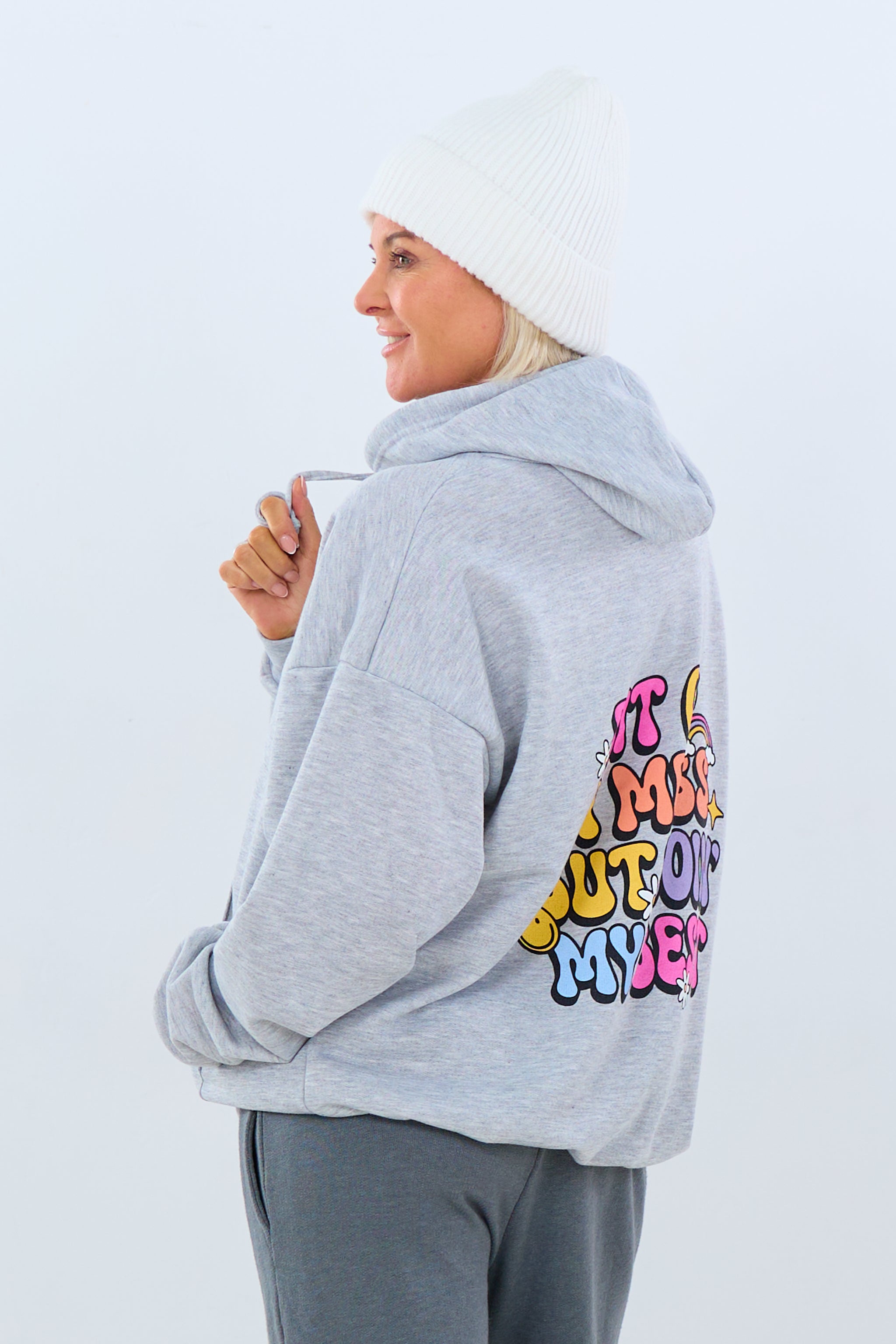 Hoodie with print: "Bit of a mess", grey melange