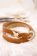 Schmaler Ledergürtel mit toller Schnalle, camel-gold