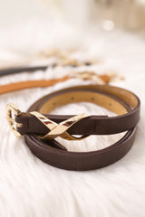 Narrow leather belt with a great buckle, brown-gold