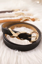 Schmaler Ledergürtel mit toller Schnalle, schwarz-gold