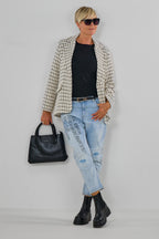 Tweed-Blazer mit breitem Revers, creme-schwarz