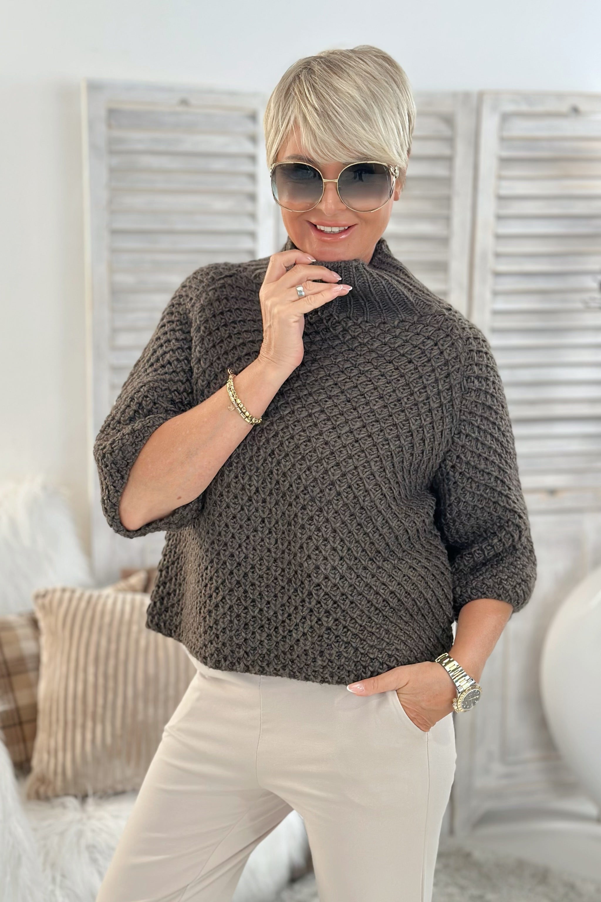 grobgestrickter Pullover mit Turtleneck, braun