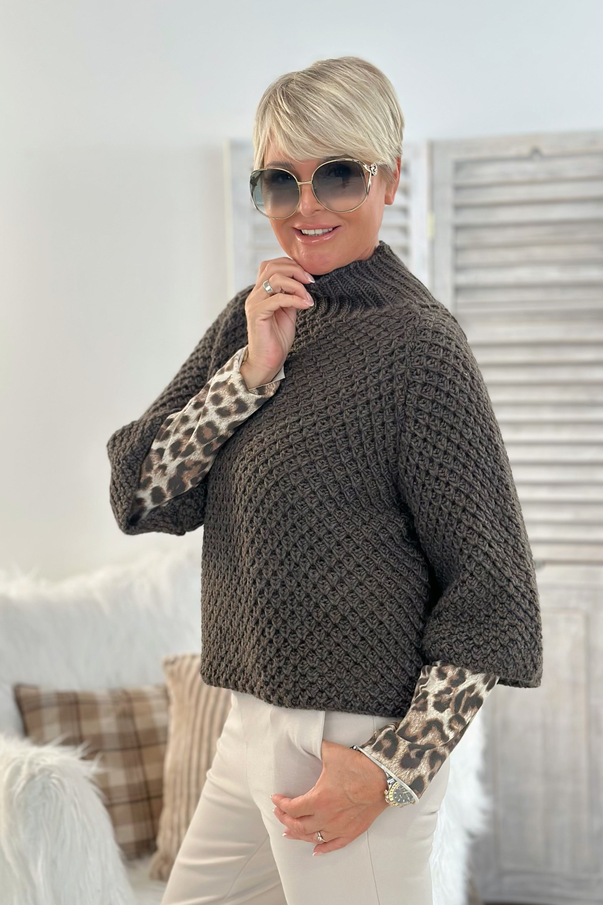 grobgestrickter Pullover mit Turtleneck, braun