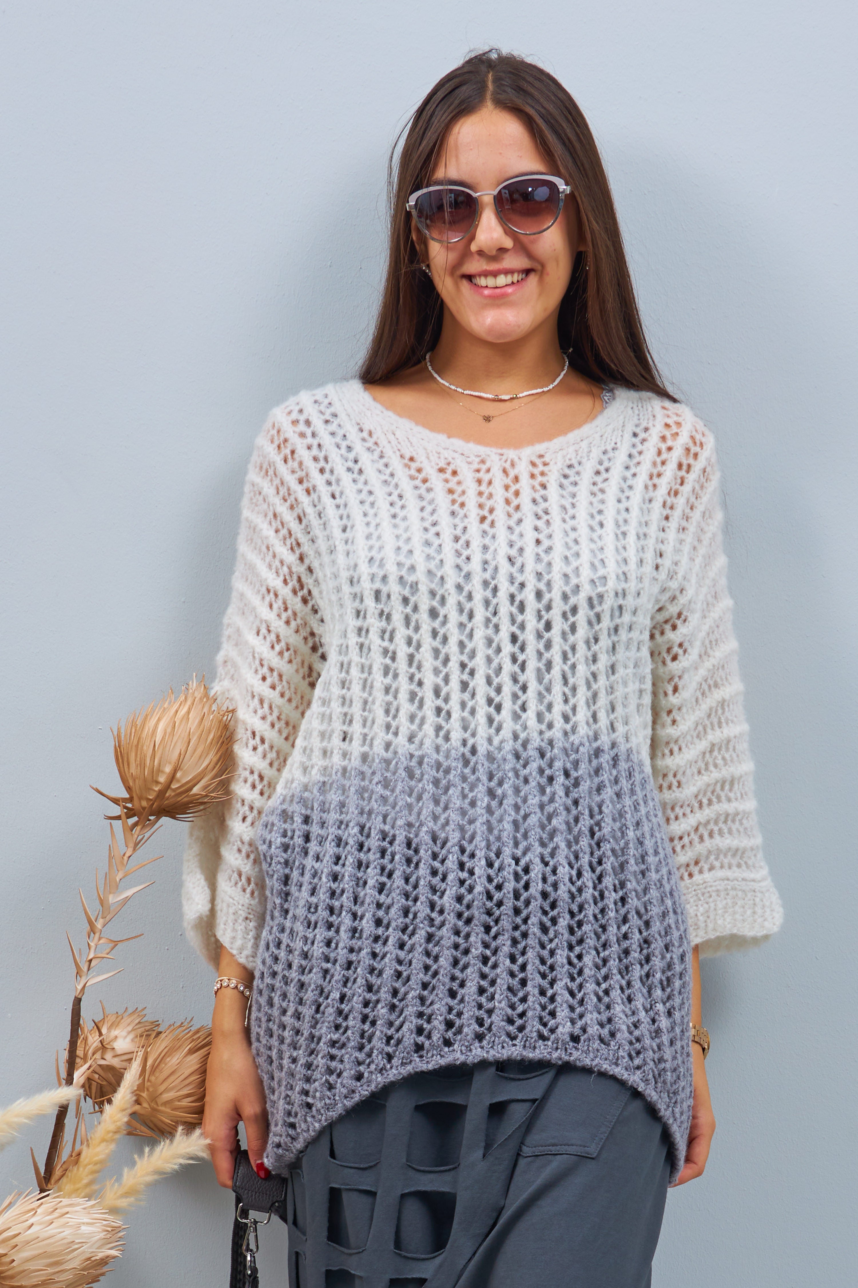Knit sweater with color gradient, offwhite-grey