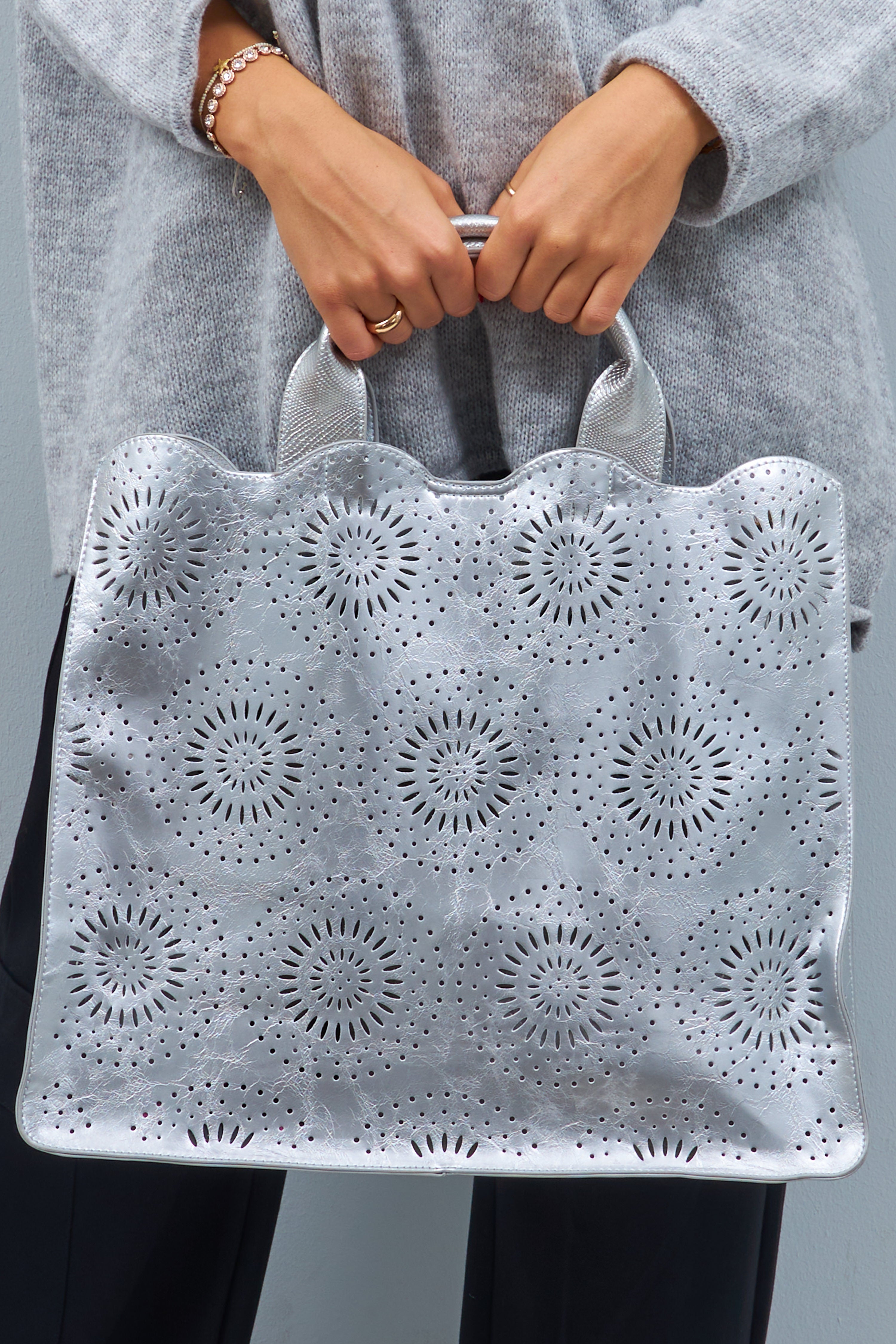 Shopper Bag in Bag mit Kreismotiv, silber metallic