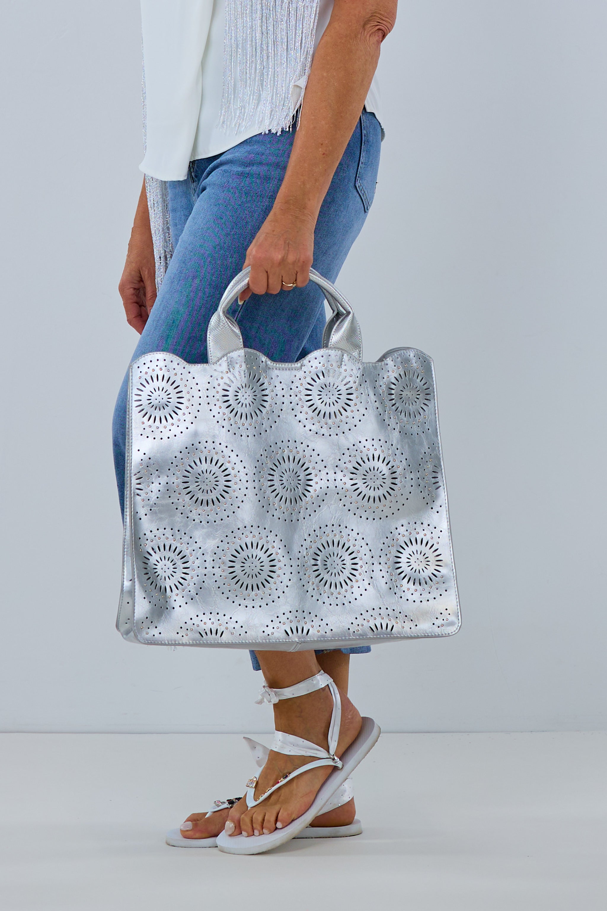 Shopper bag in bag with circle motif, silver metallic