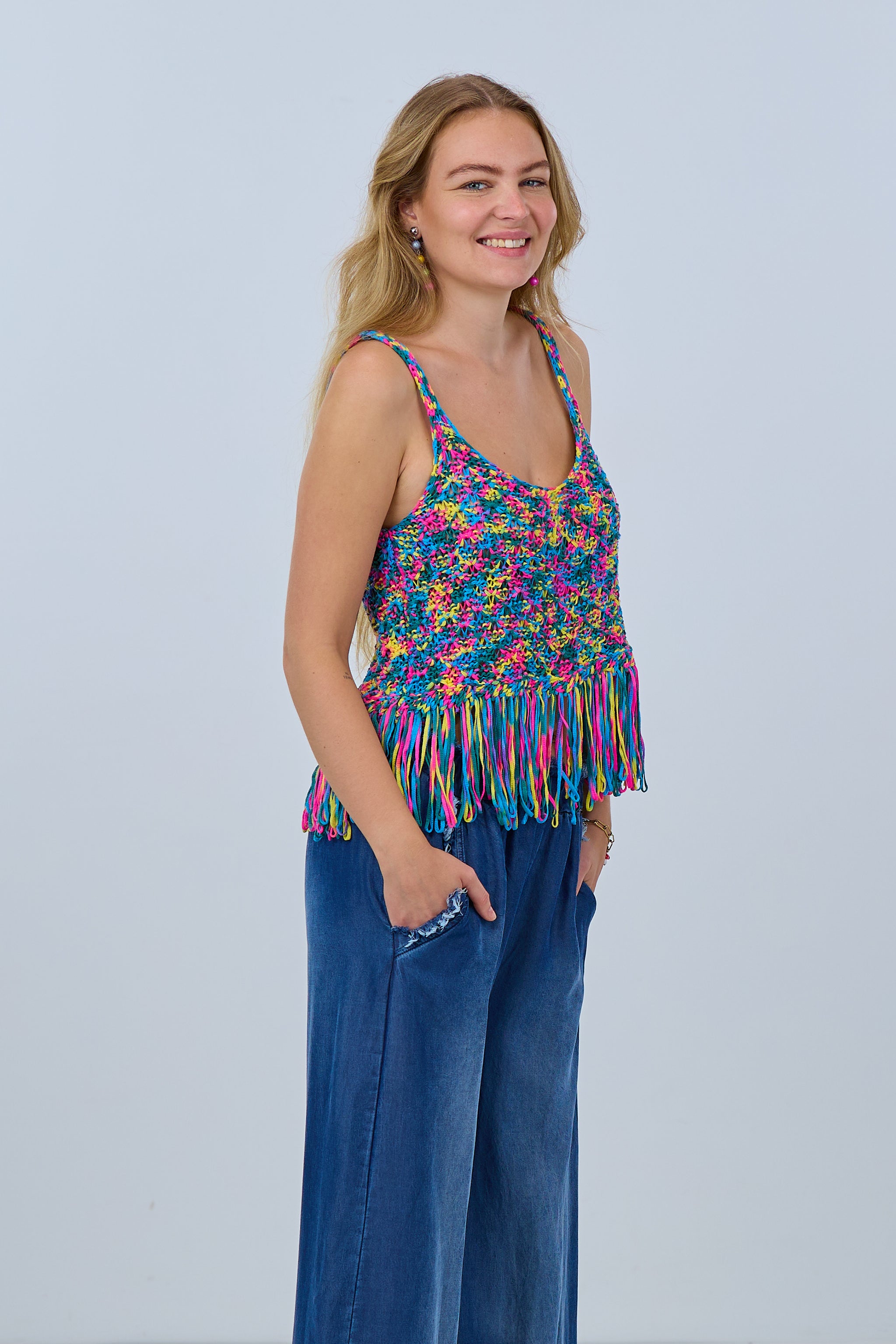 Knit top with fringes, blue-pink-green