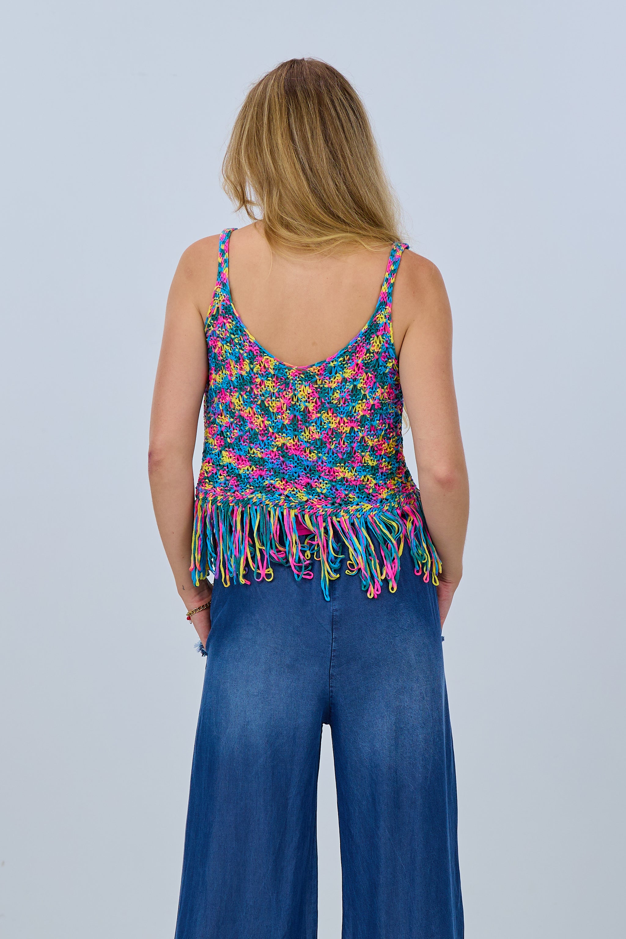 Knit top with fringes, blue-pink-green