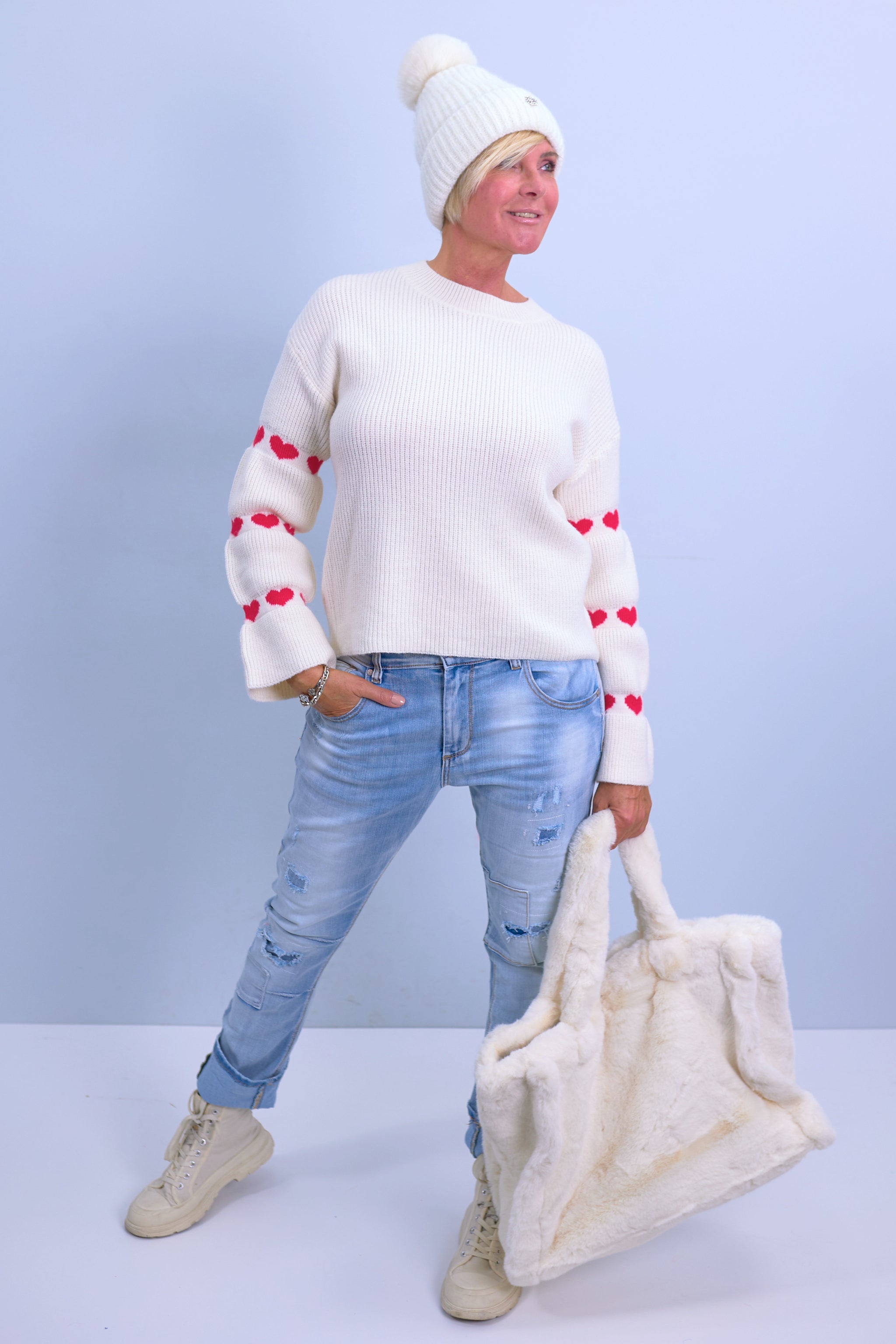 Knitted sweater with hearts, cream