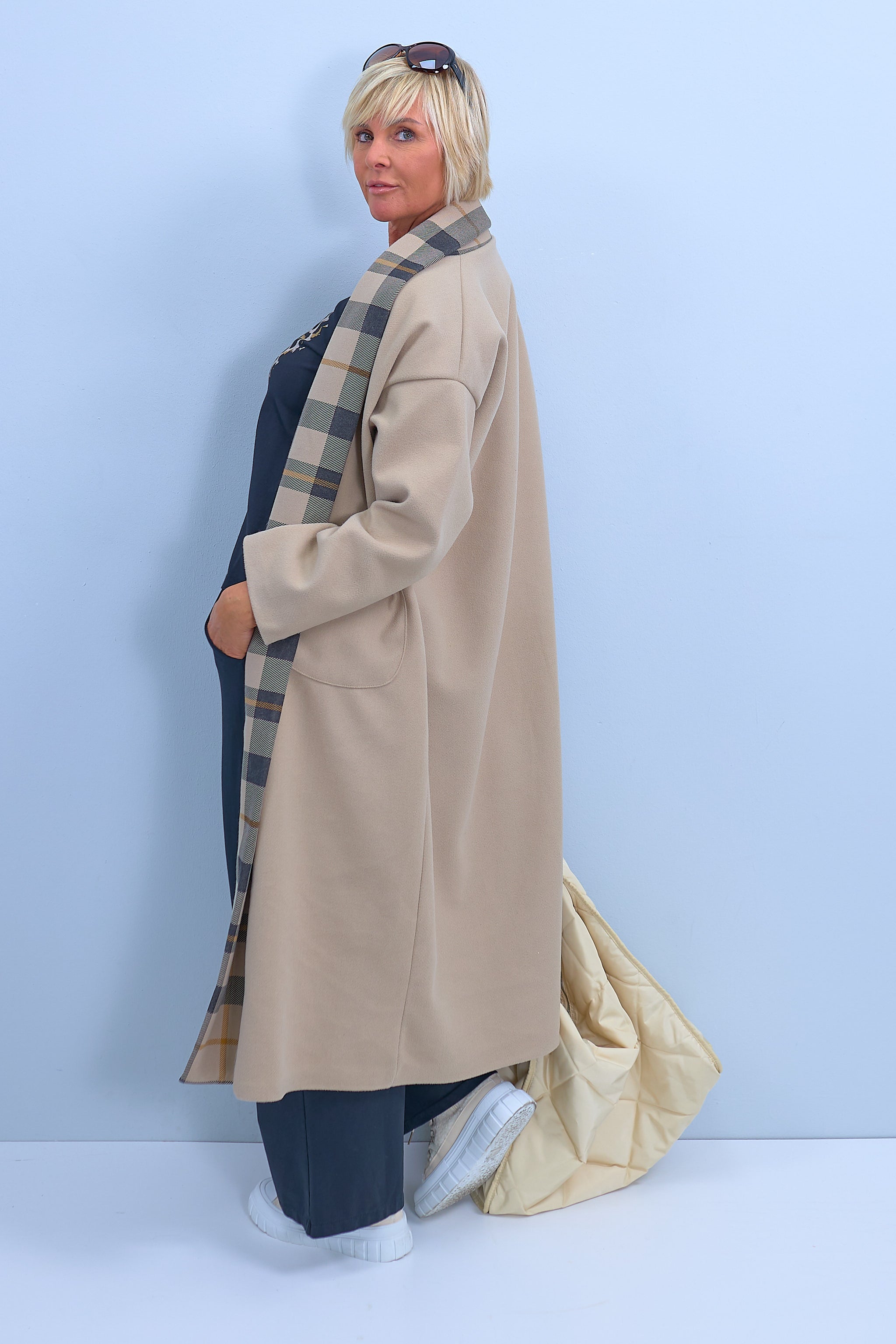 Coat with checked lapels, taupe