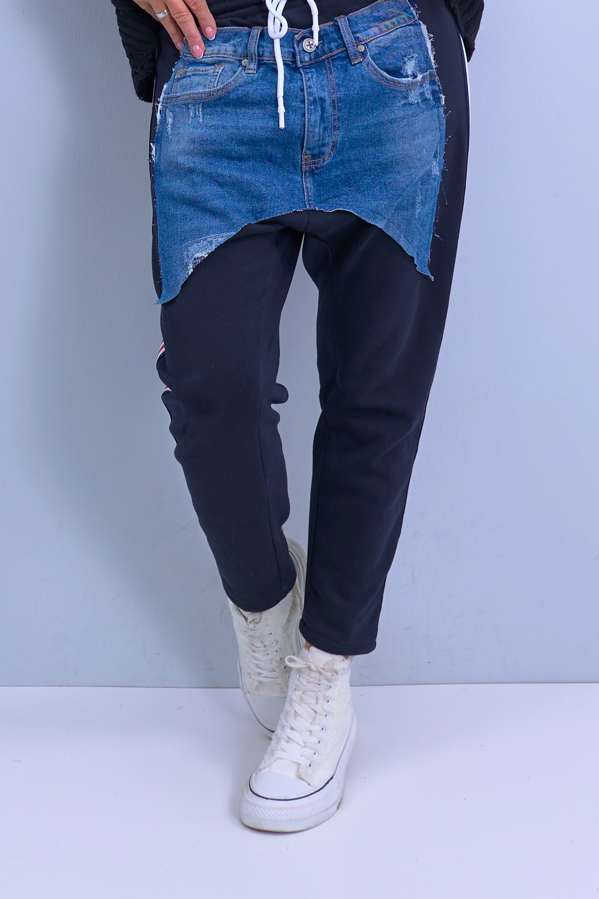 Sweat baggy with jeans insert, black-denim blue