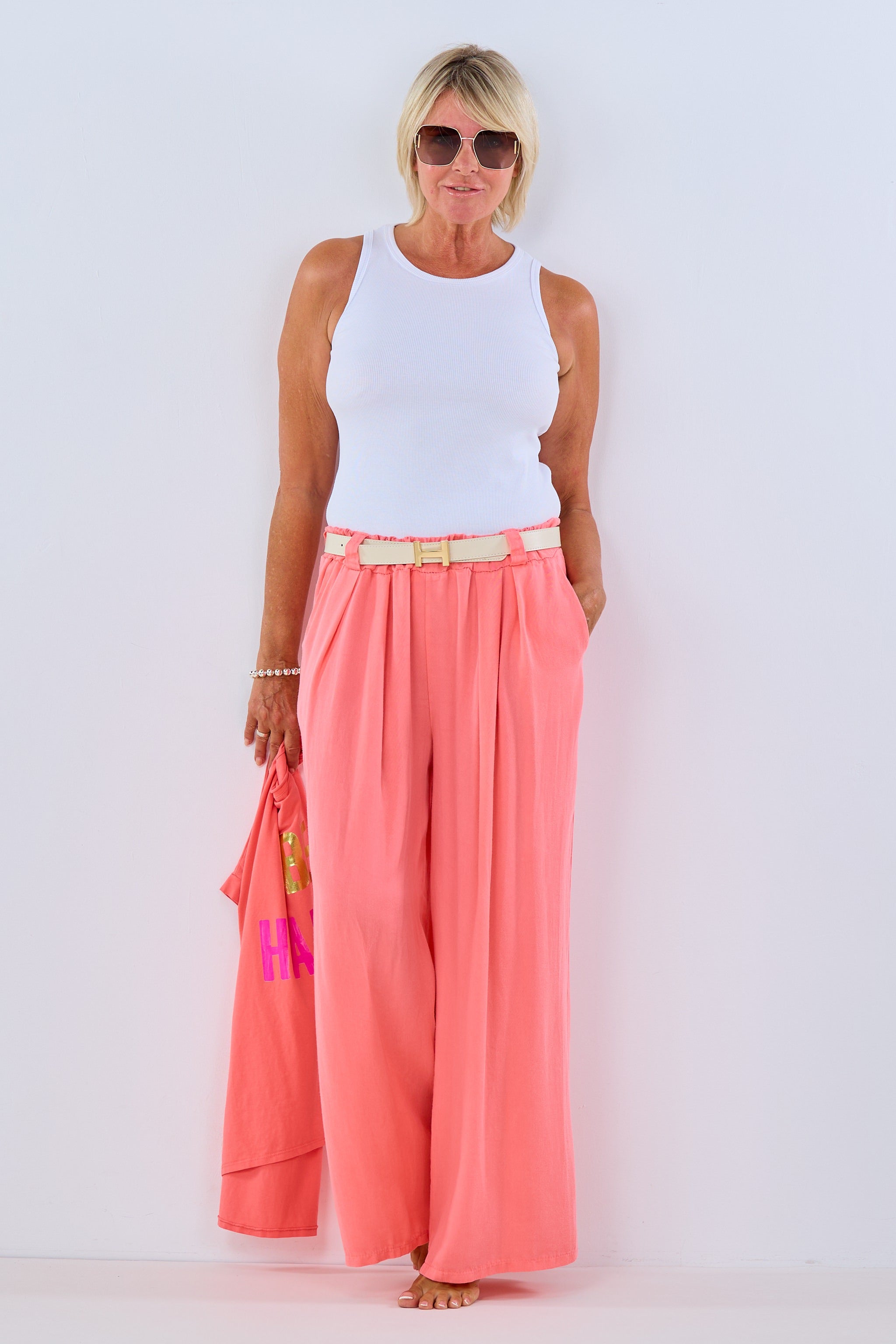Wide pants with elastic waistband, apricot
