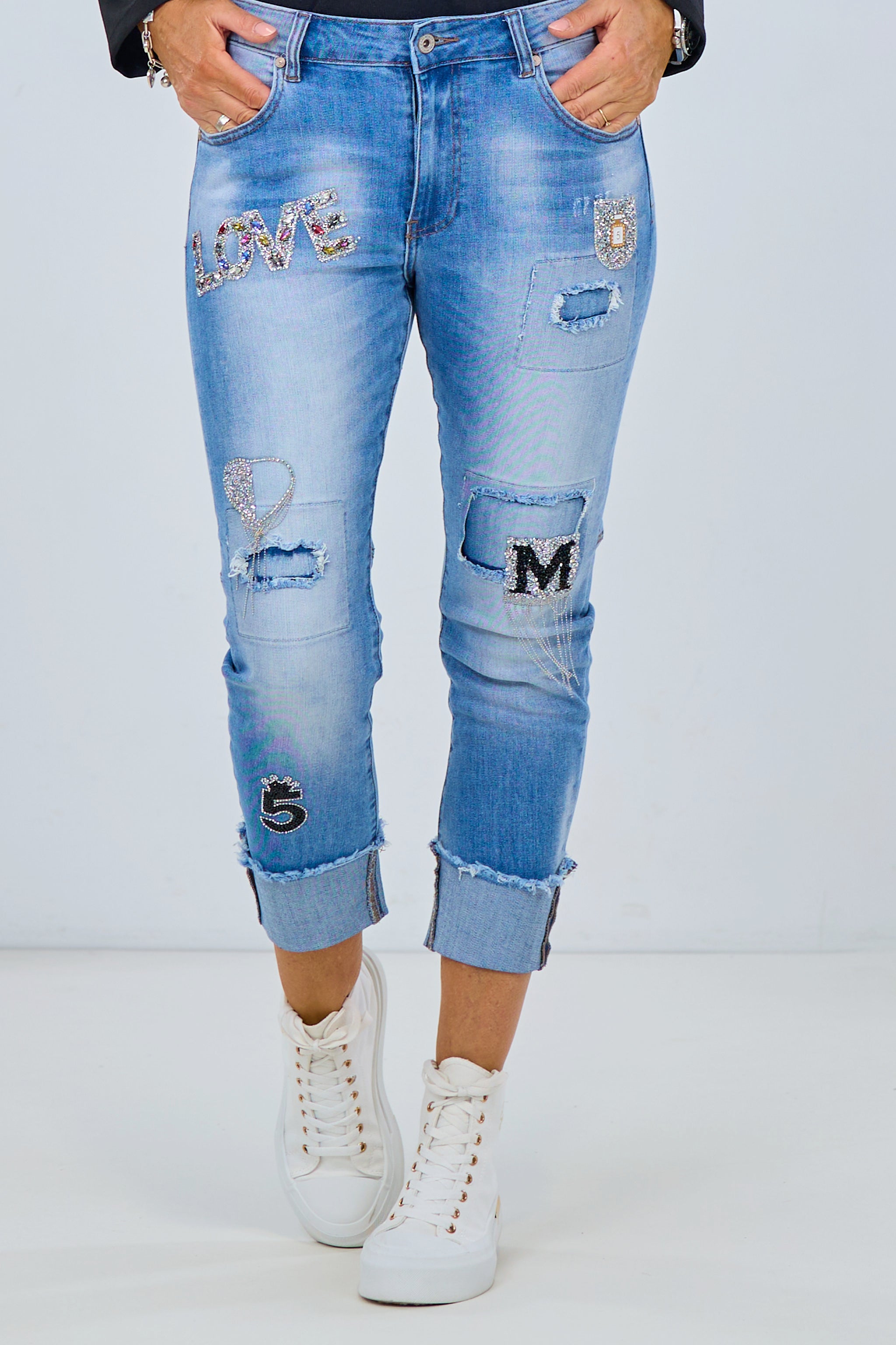 Jeans mit Glitzer-Patches, denim