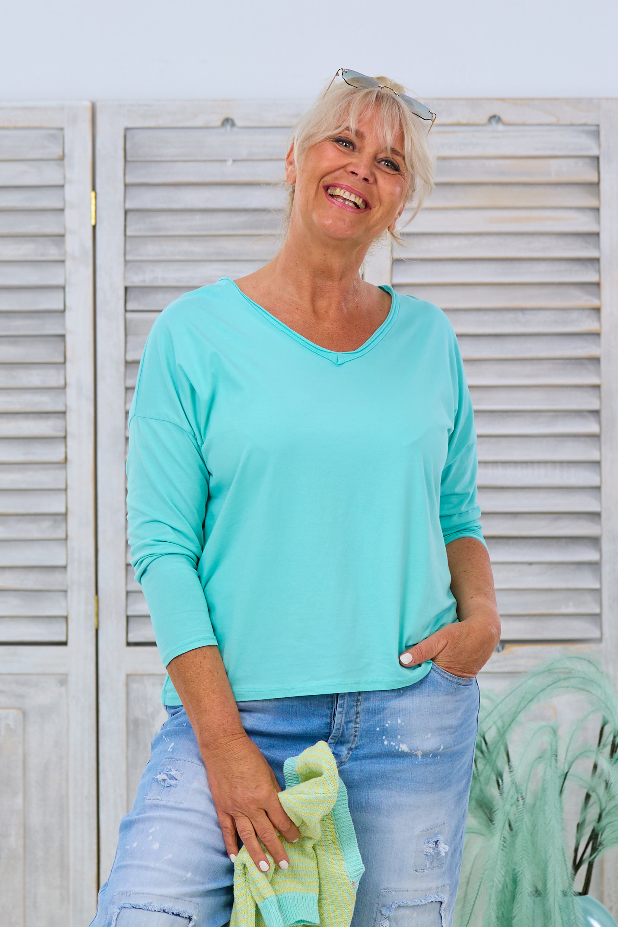 Long Sleeve Basic Shirt with V-Neck, 4 Colors