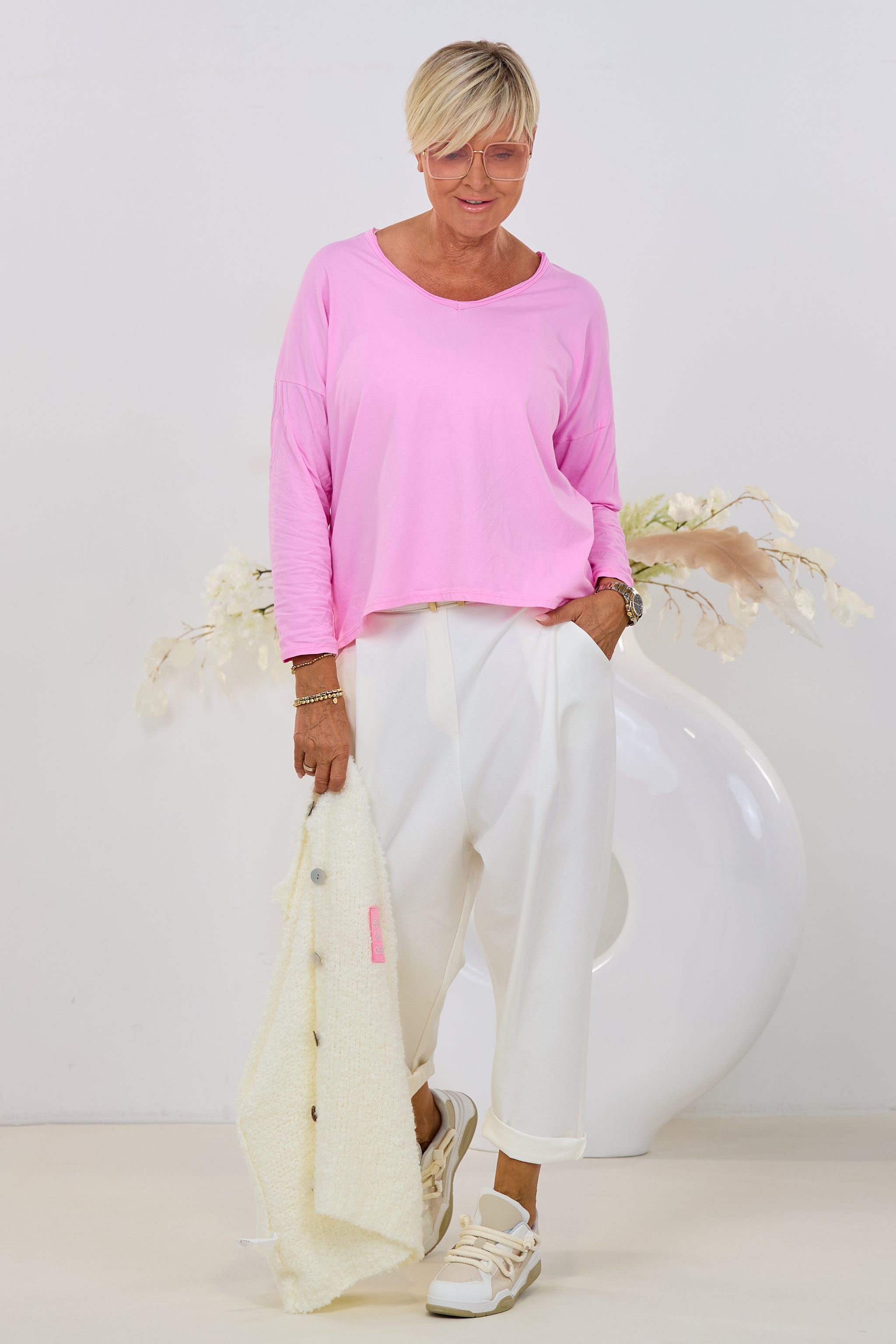 Langarm Basic Shirt mit V-Ausschnitt, 4 Farben