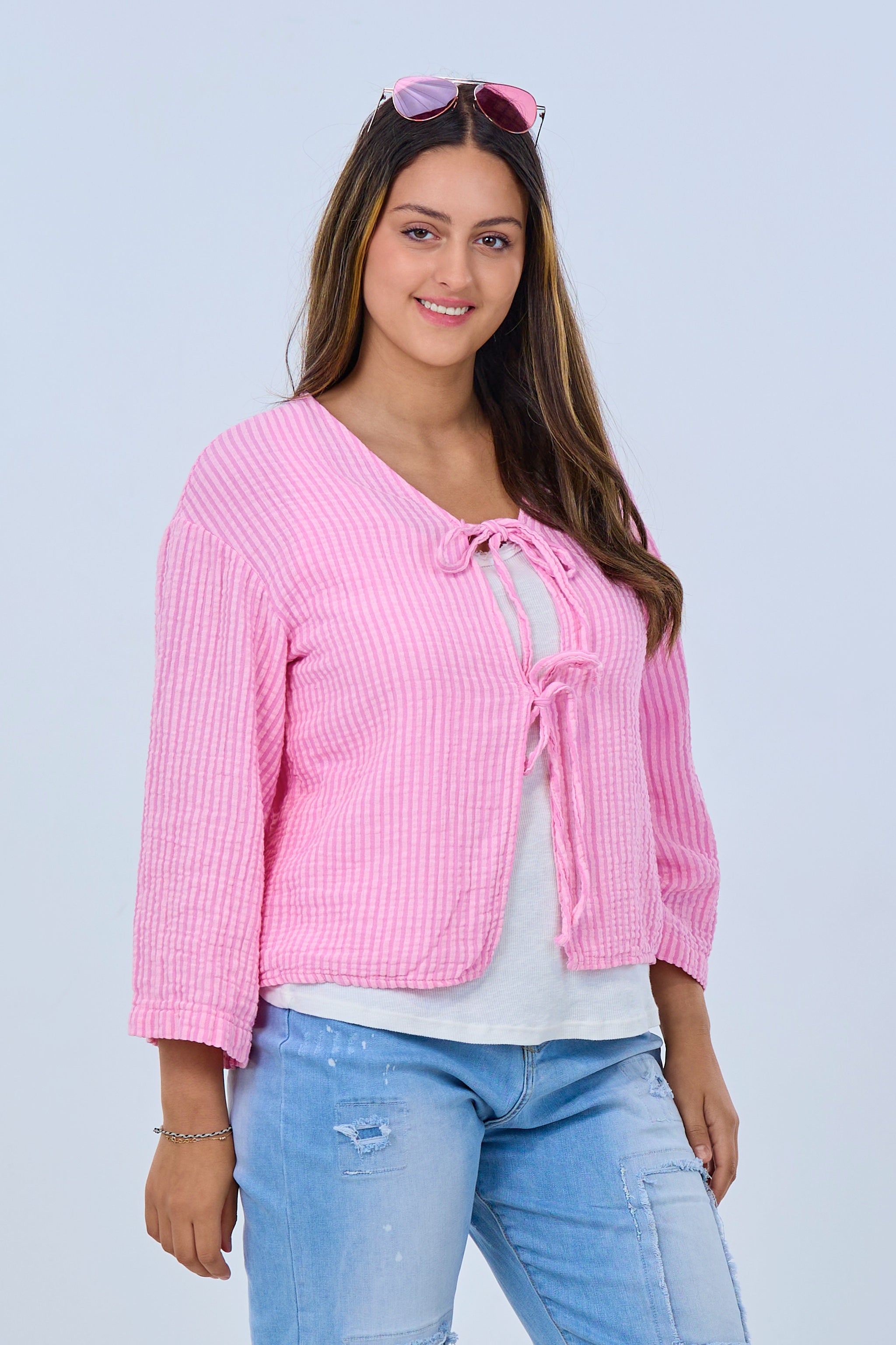 Muslin blouse with lacing, light pink-striped