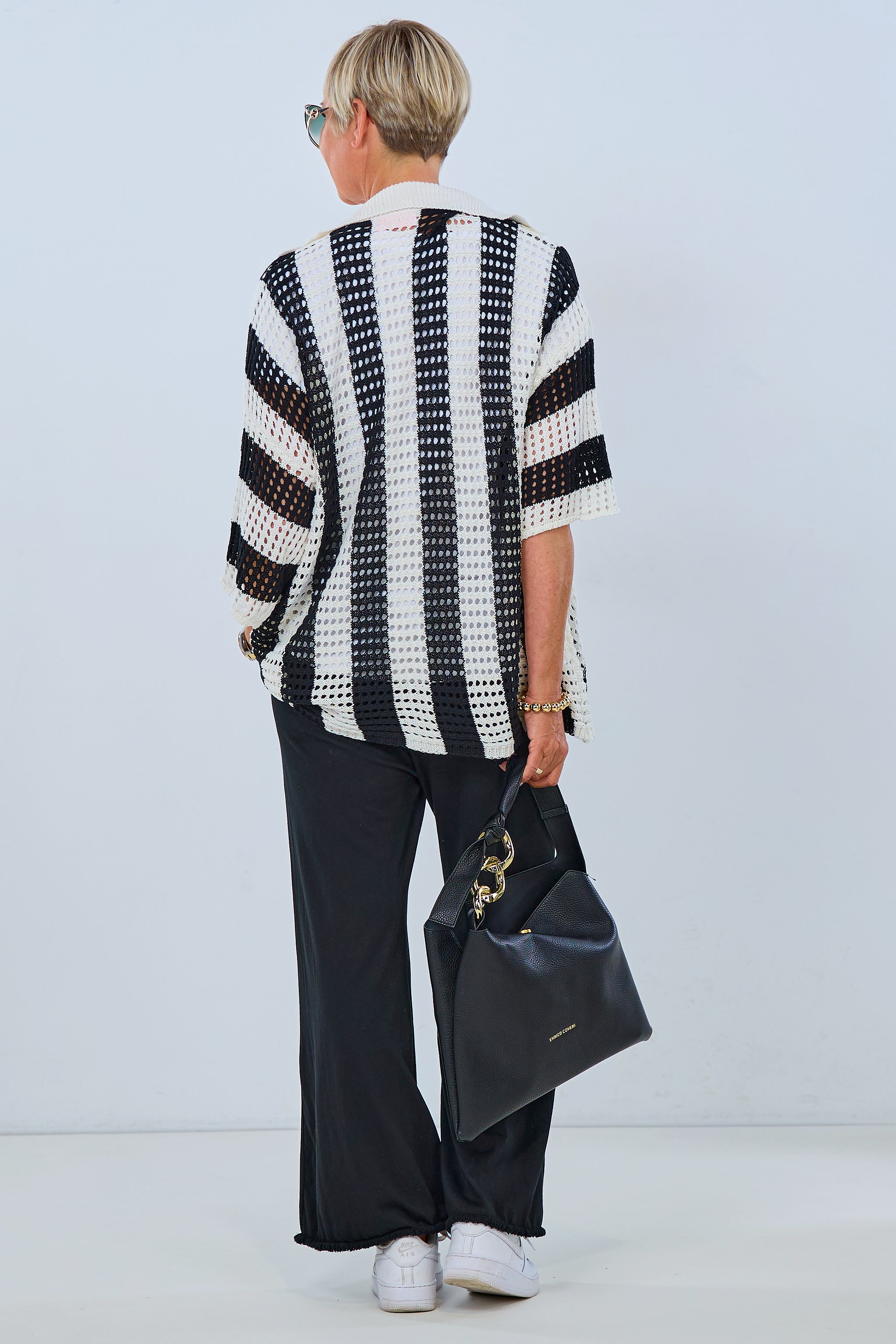 Short-sleeve cardigan with vertical stripes, black-ecru