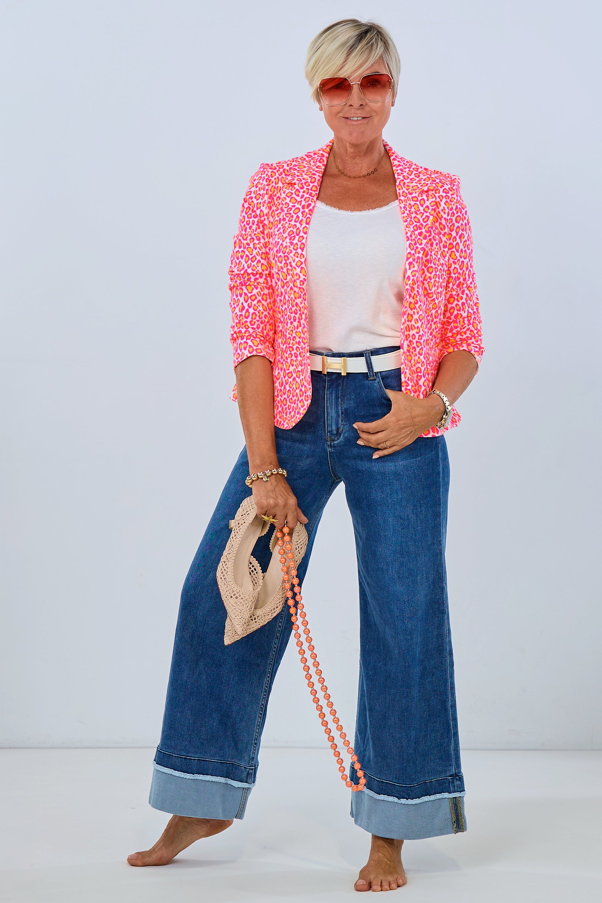 Blazer im Leo-Design mit aufgesetzten Taschen, neon pink/orange