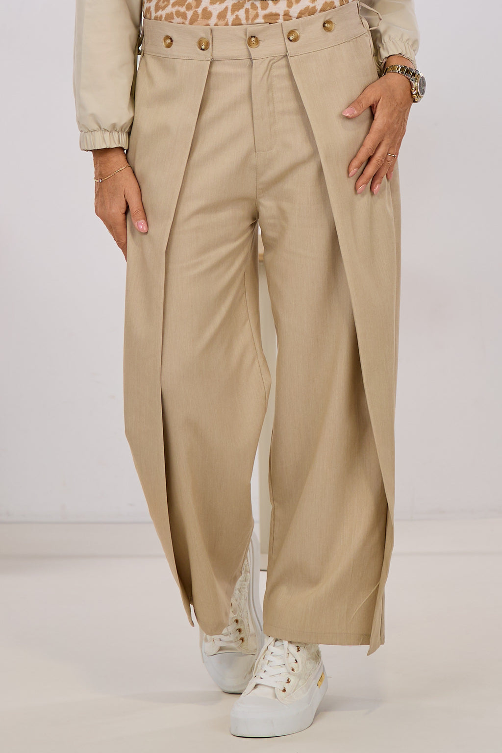 Fabric pants with turn-ups, beige