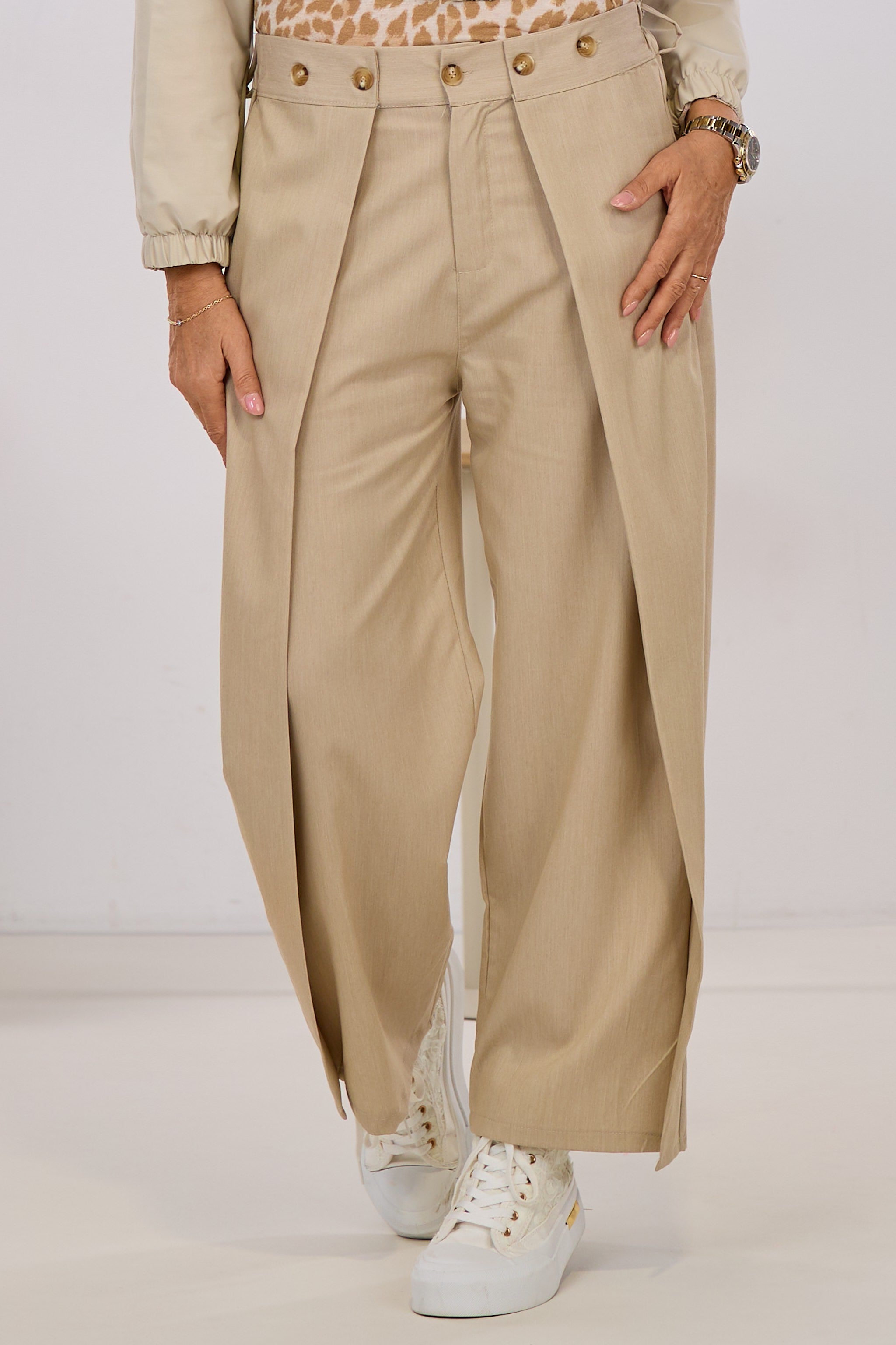 Fabric pants with turn-ups, beige