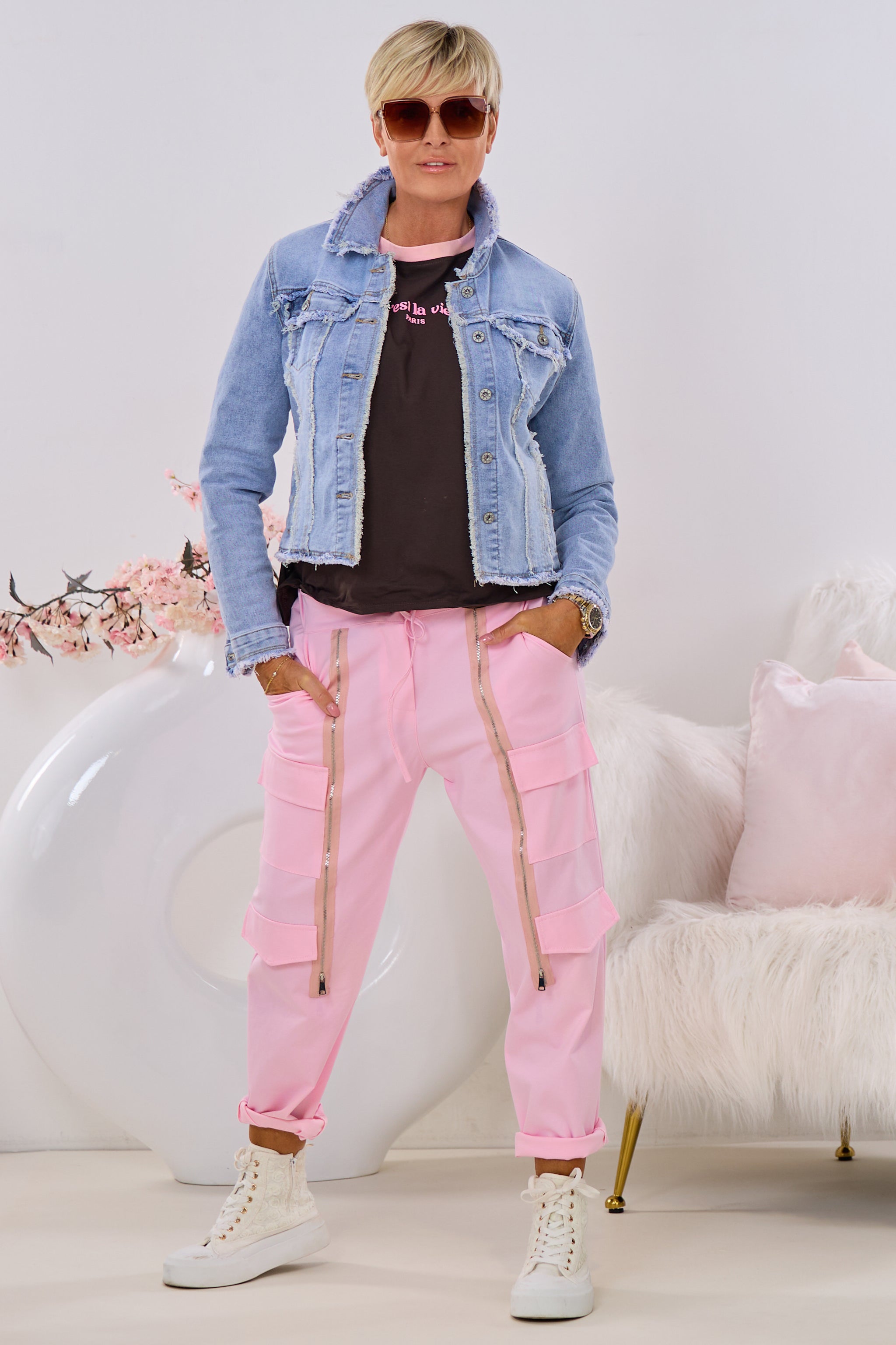 Cargohose mit Zierreißverschlüssen, rosa