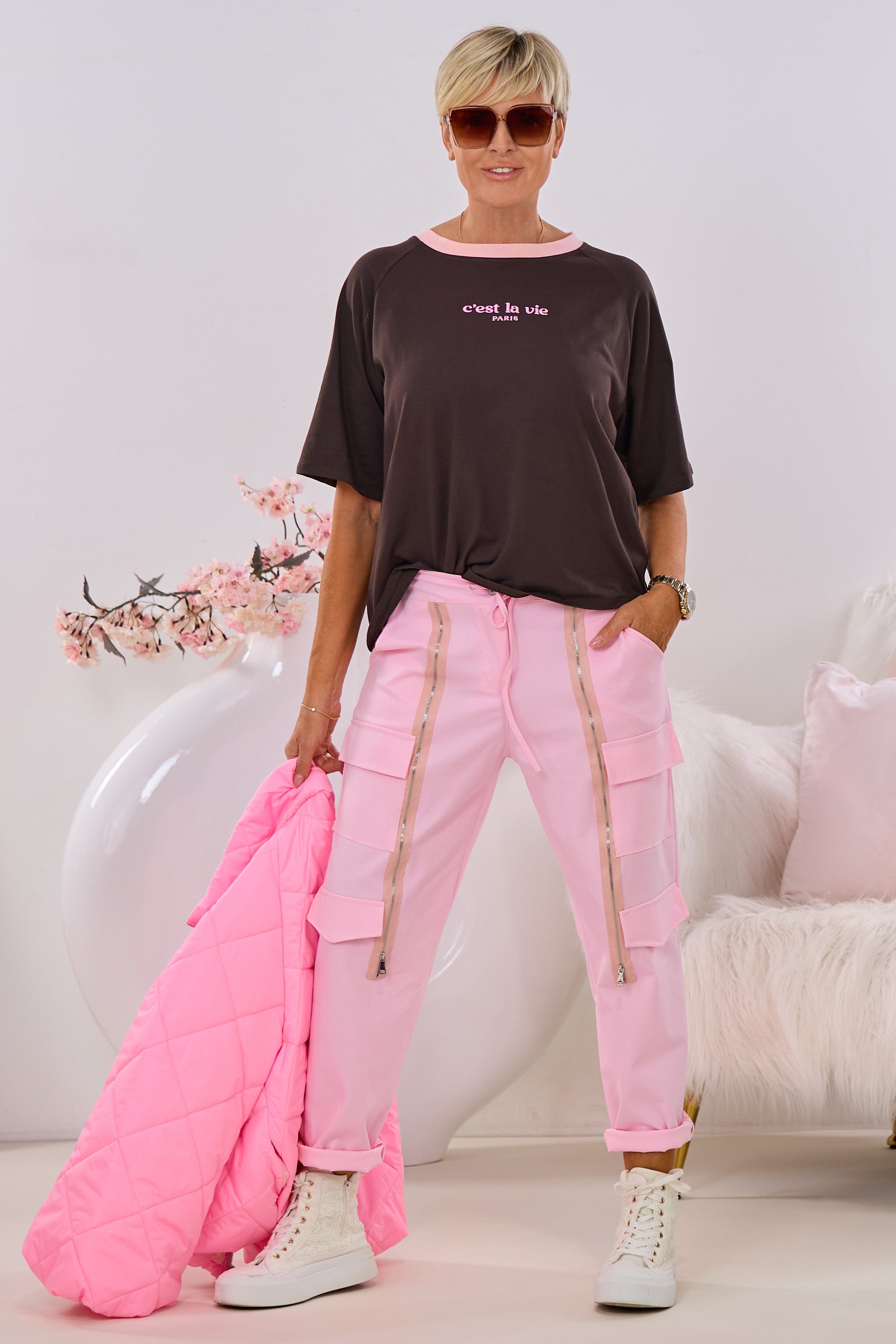 Cargohose mit Zierreißverschlüssen, rosa