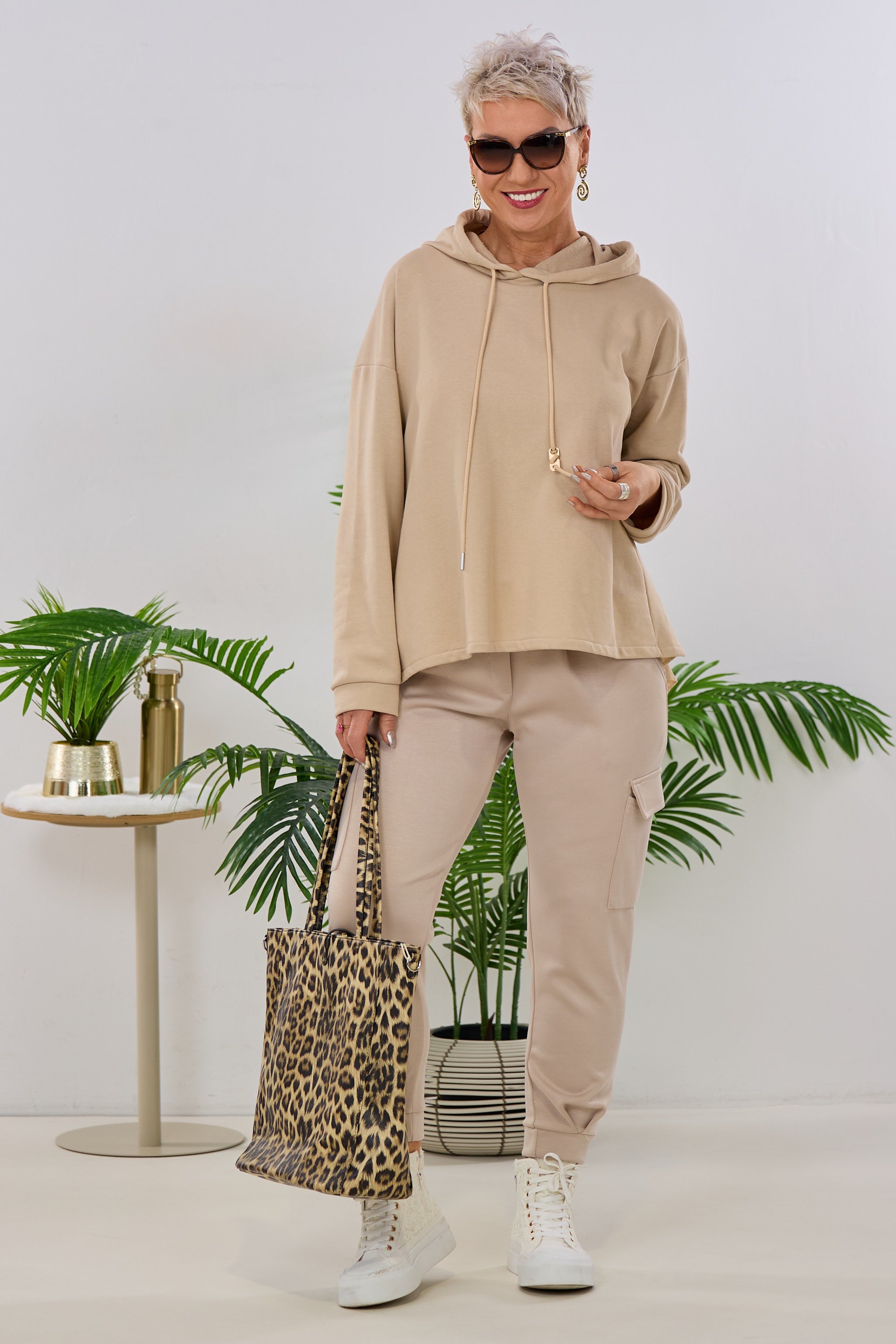 Hoodie mit Plissee-Einsatz, beige