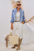 kurze Jeansjacke mit kleinen Fransen, hell denim