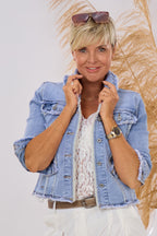 kurze Jeansjacke mit kleinen Fransen, hell denim