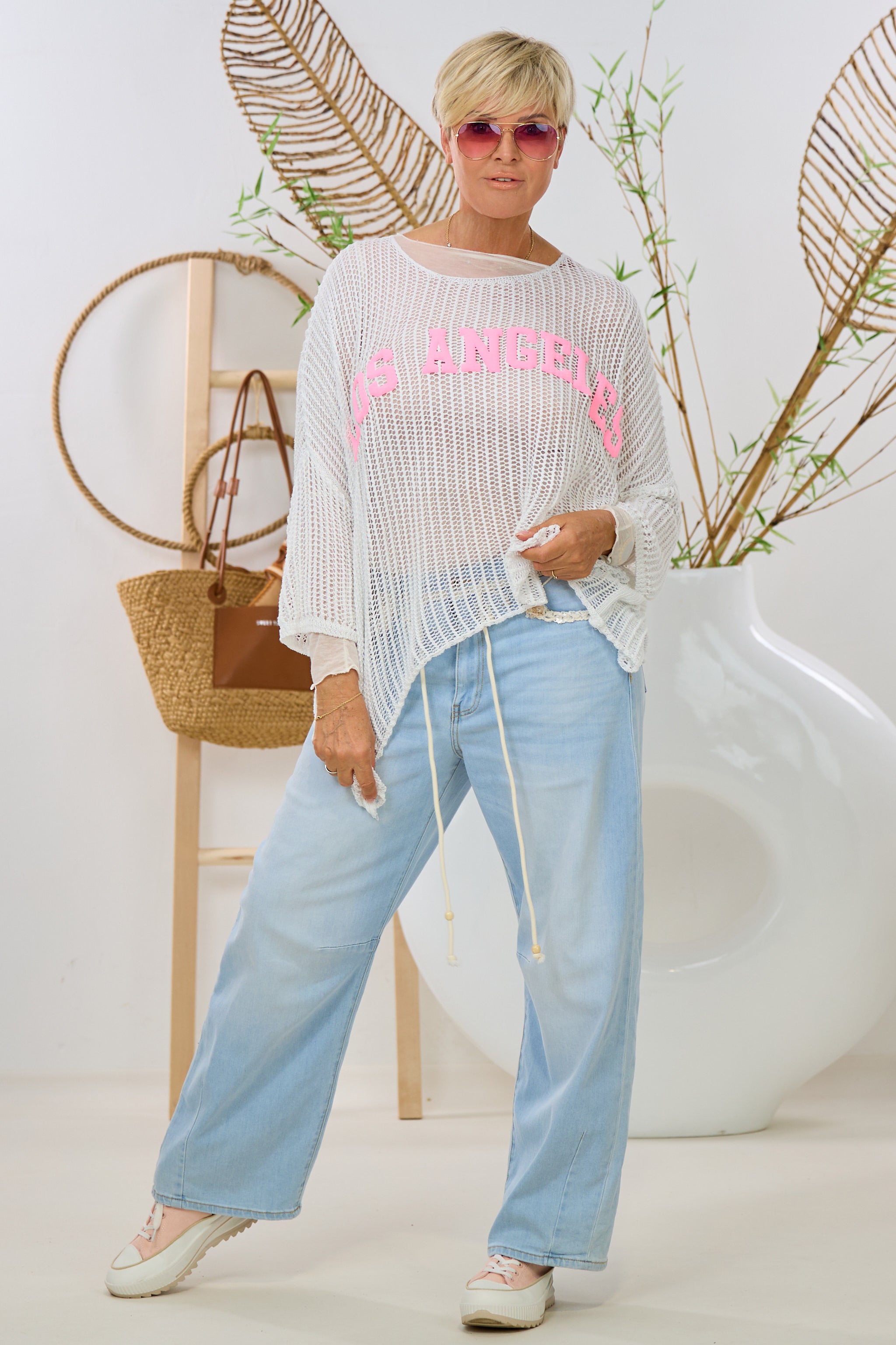 Strickpulli mit LOS ANGELES Flock, weiß-candy rosa