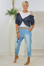 Fein geripptes Top mit off-shoulder Bluse, weiß-dunkelblau