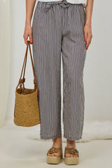 striped trousers, blue-ecru