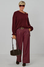 Strickpulli mit gerüschten Bündchen an den Ärmeln, bordeaux meliert