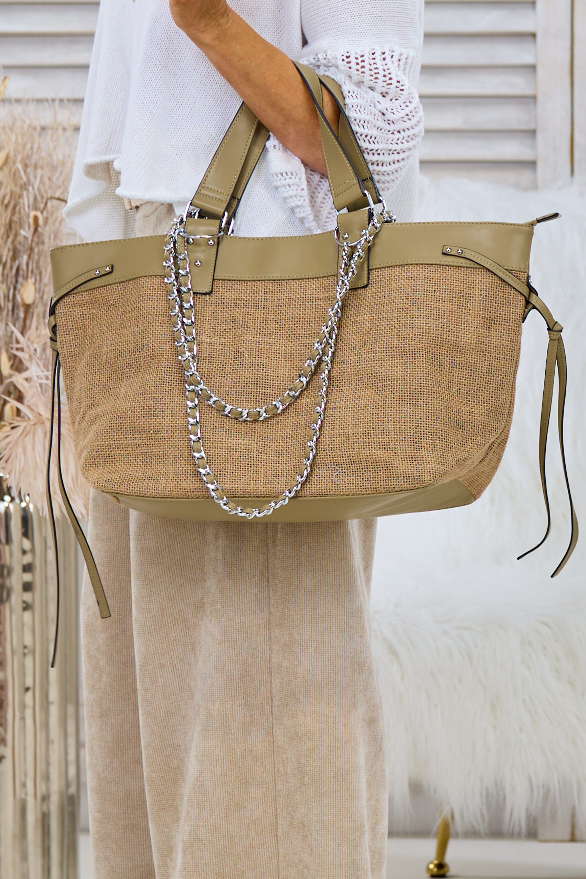 Jute Shopper mit Kette, natur-khaki