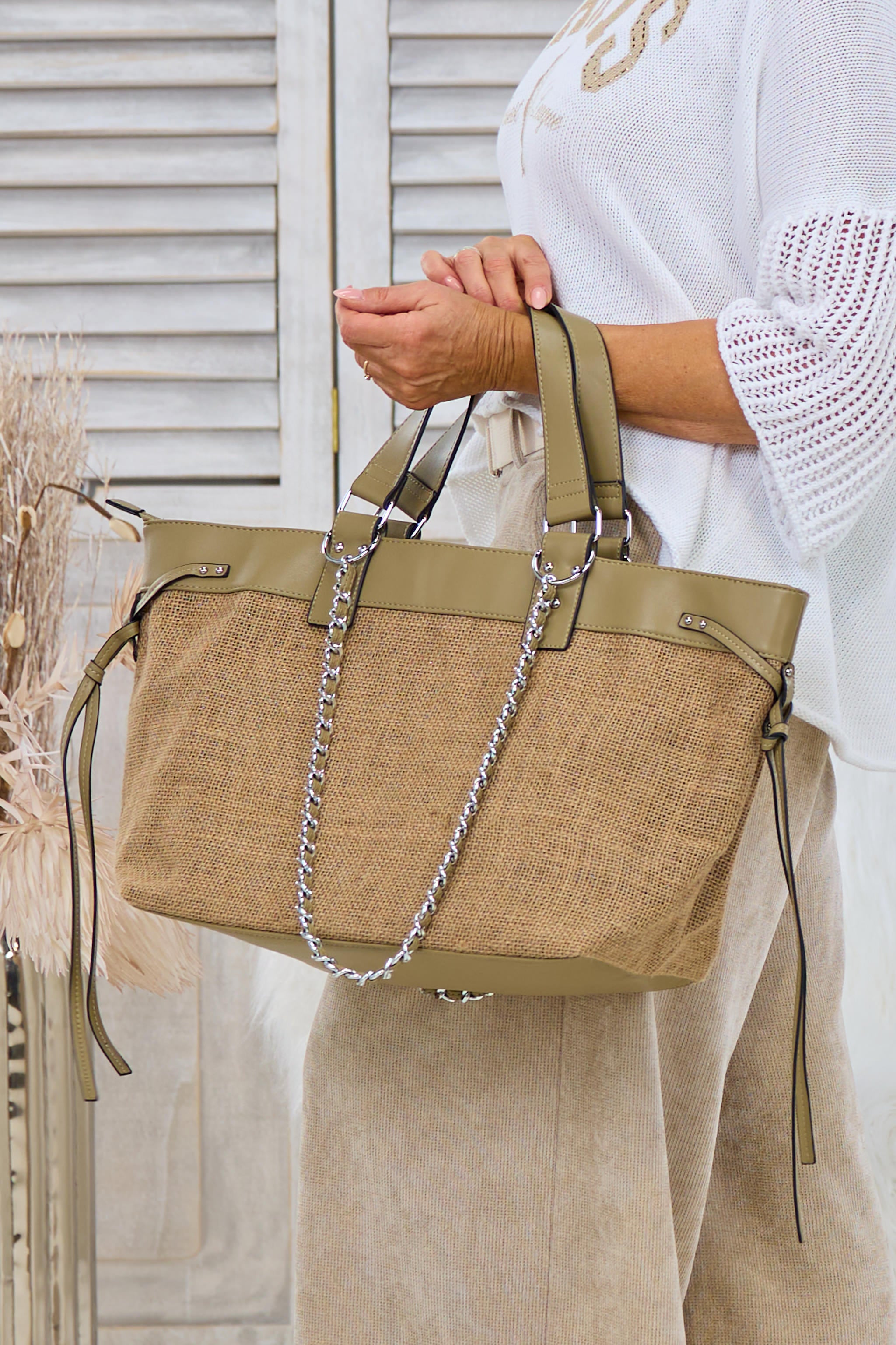 Jute Shopper mit Kette, natur-khaki