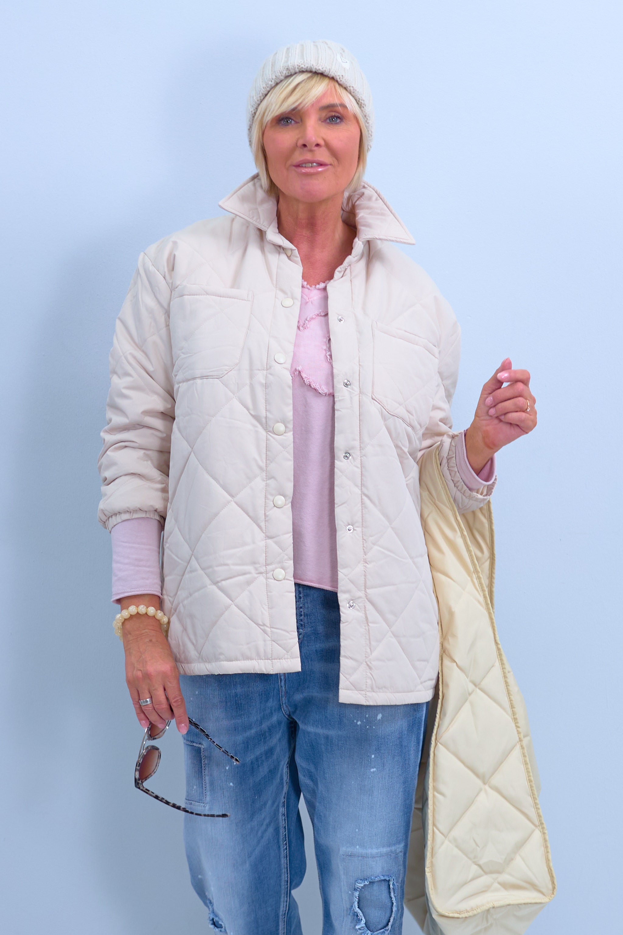 Quilted jacket with collar and patch pockets, beige