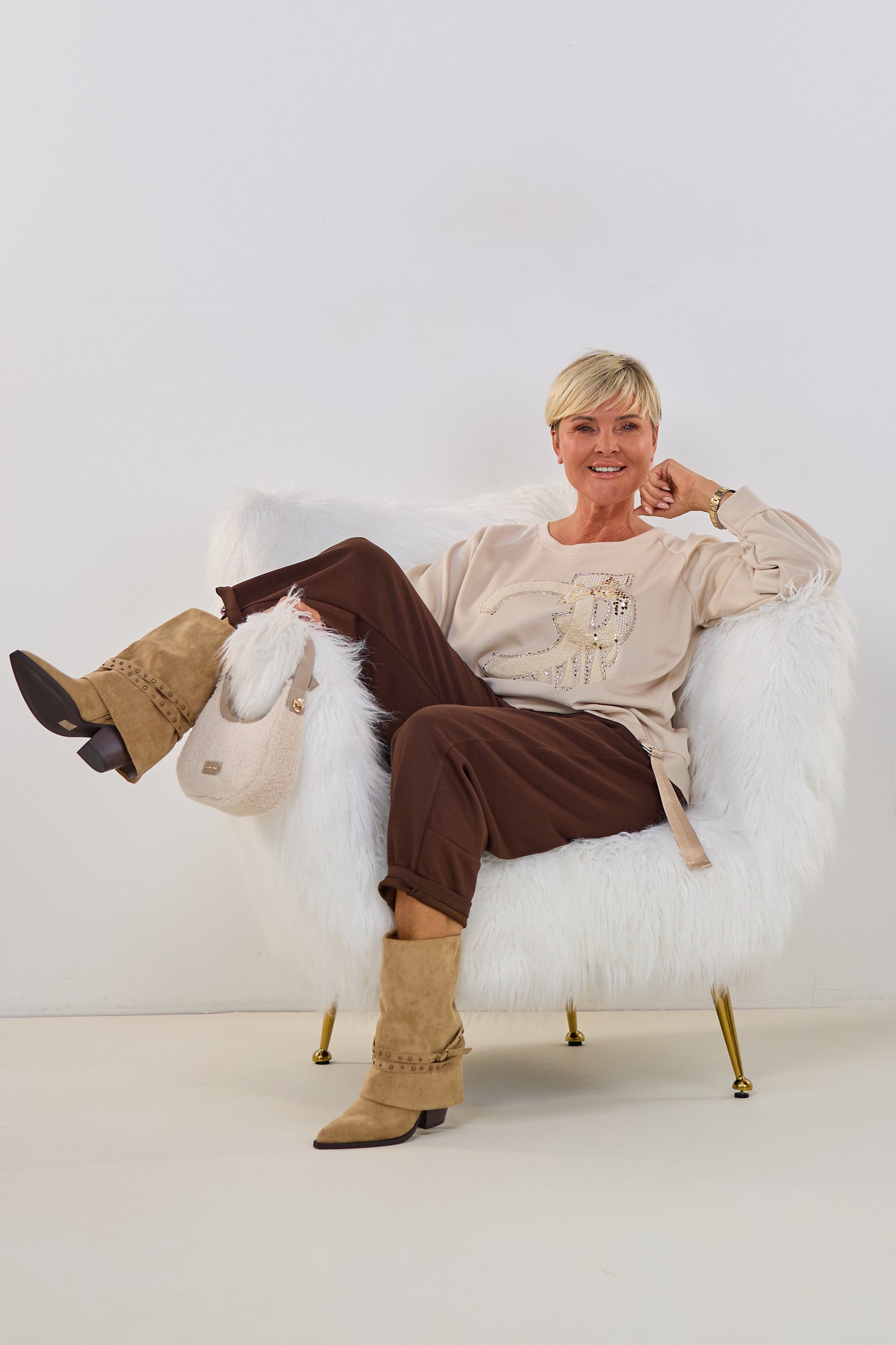 Langarm Shirt mit Glitzermotiv, beige