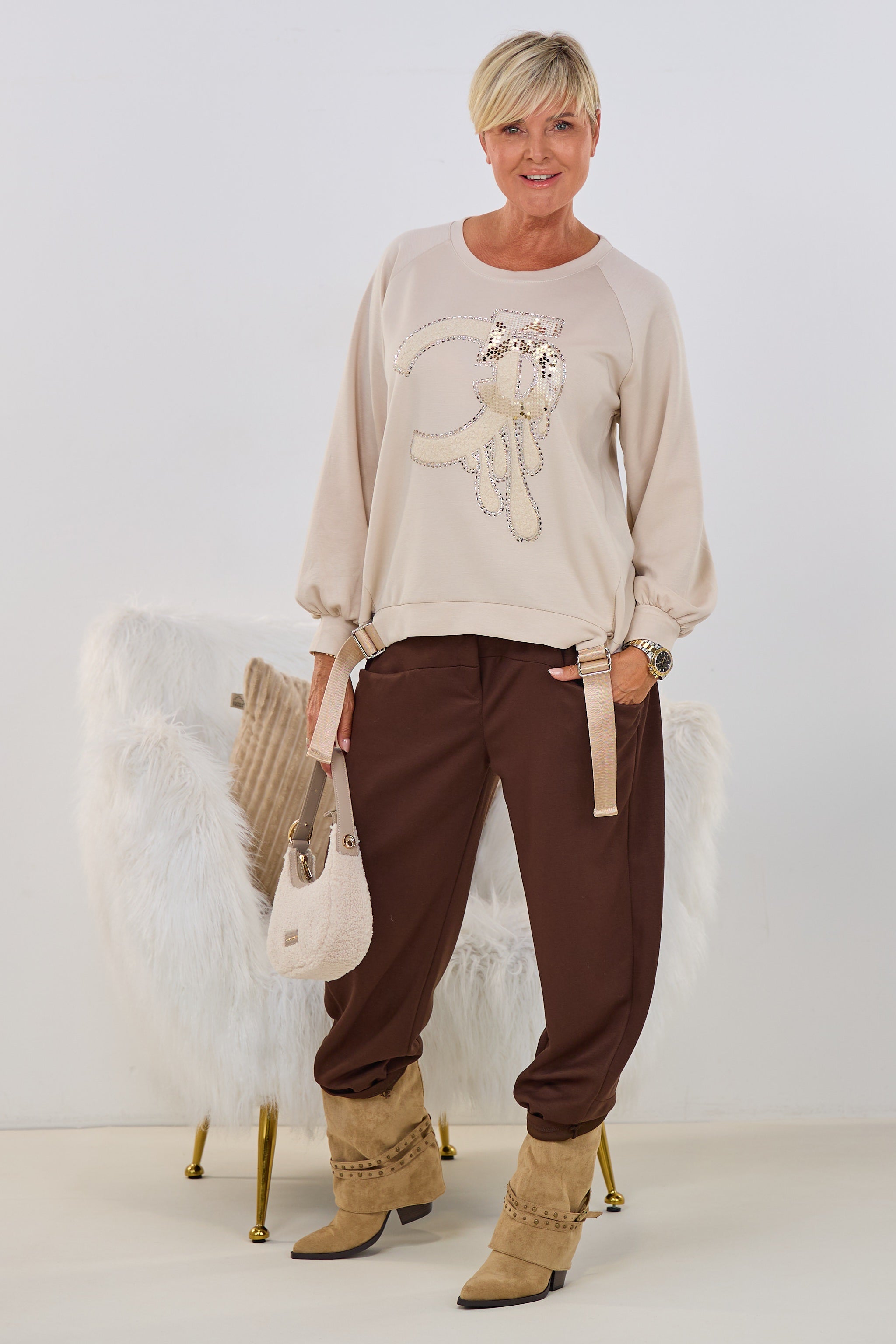 Langarm Shirt mit Glitzermotiv, beige