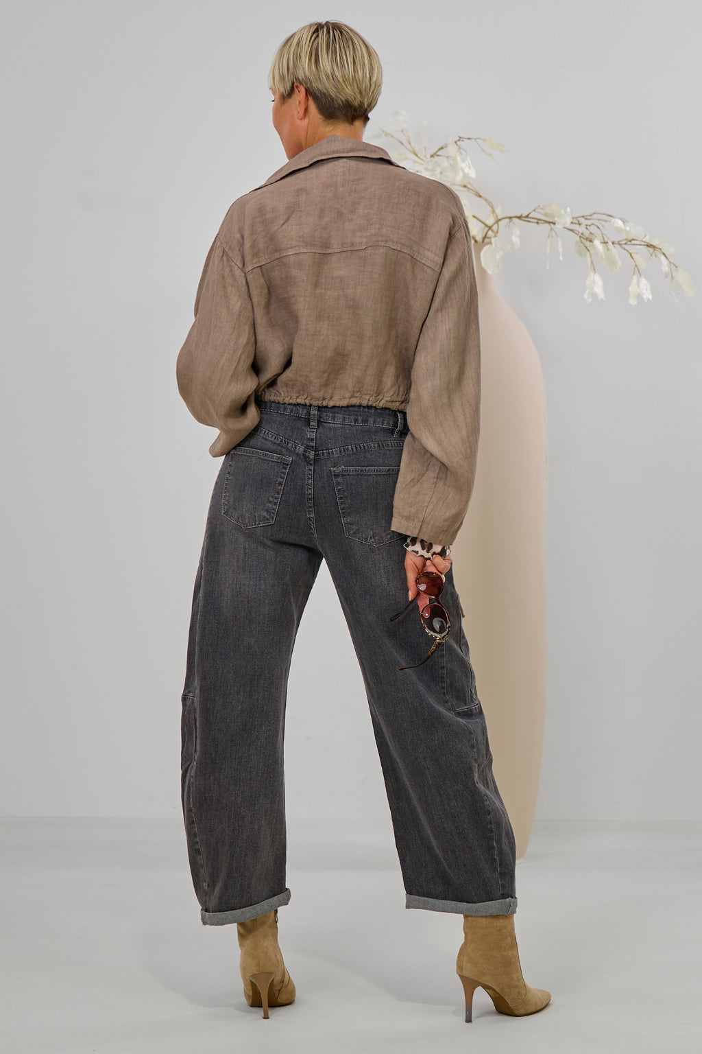 Leinen-Jacke mit Kordelzug, taupe