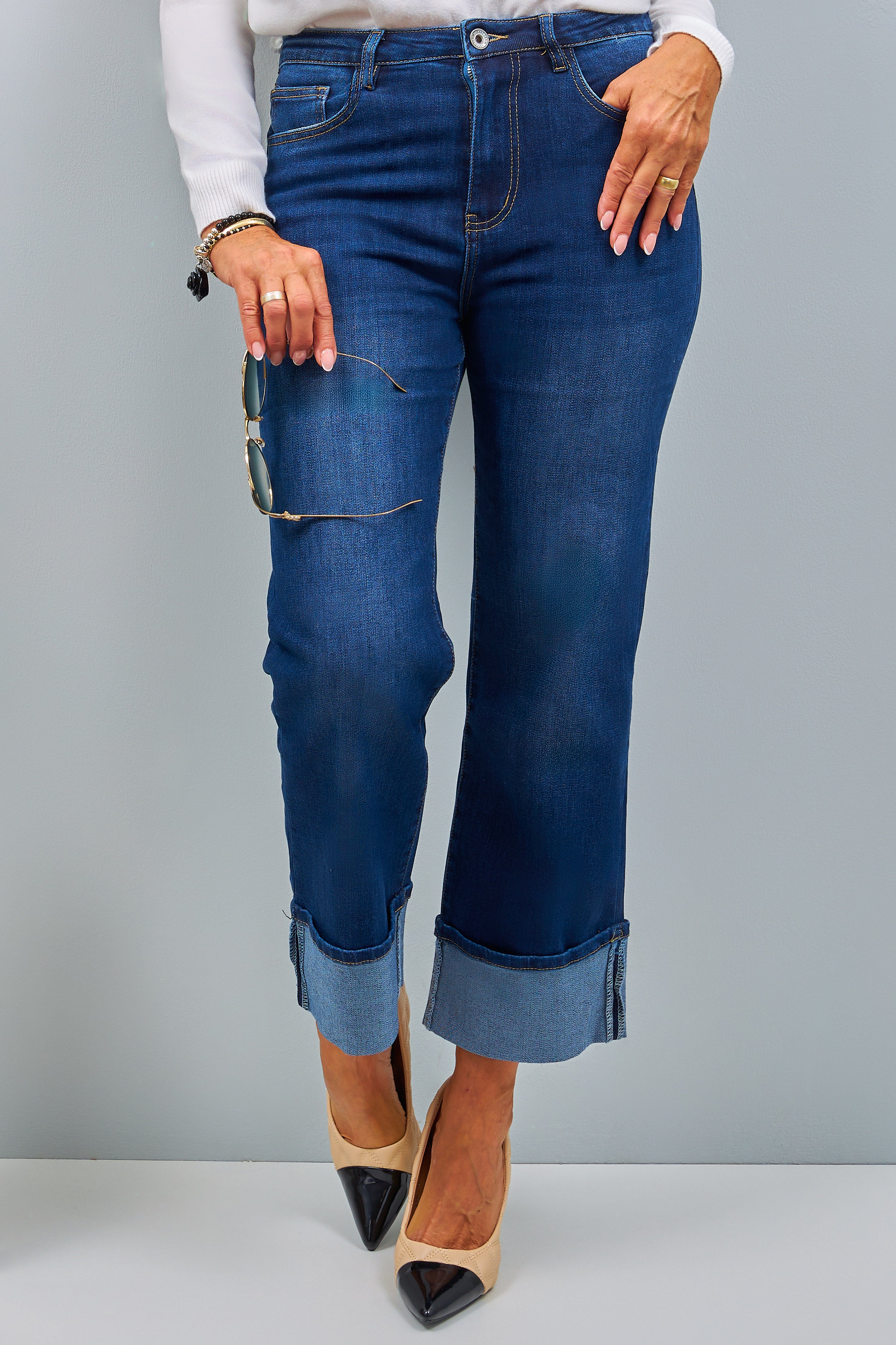 High-waist jeans with lapels, dark blue