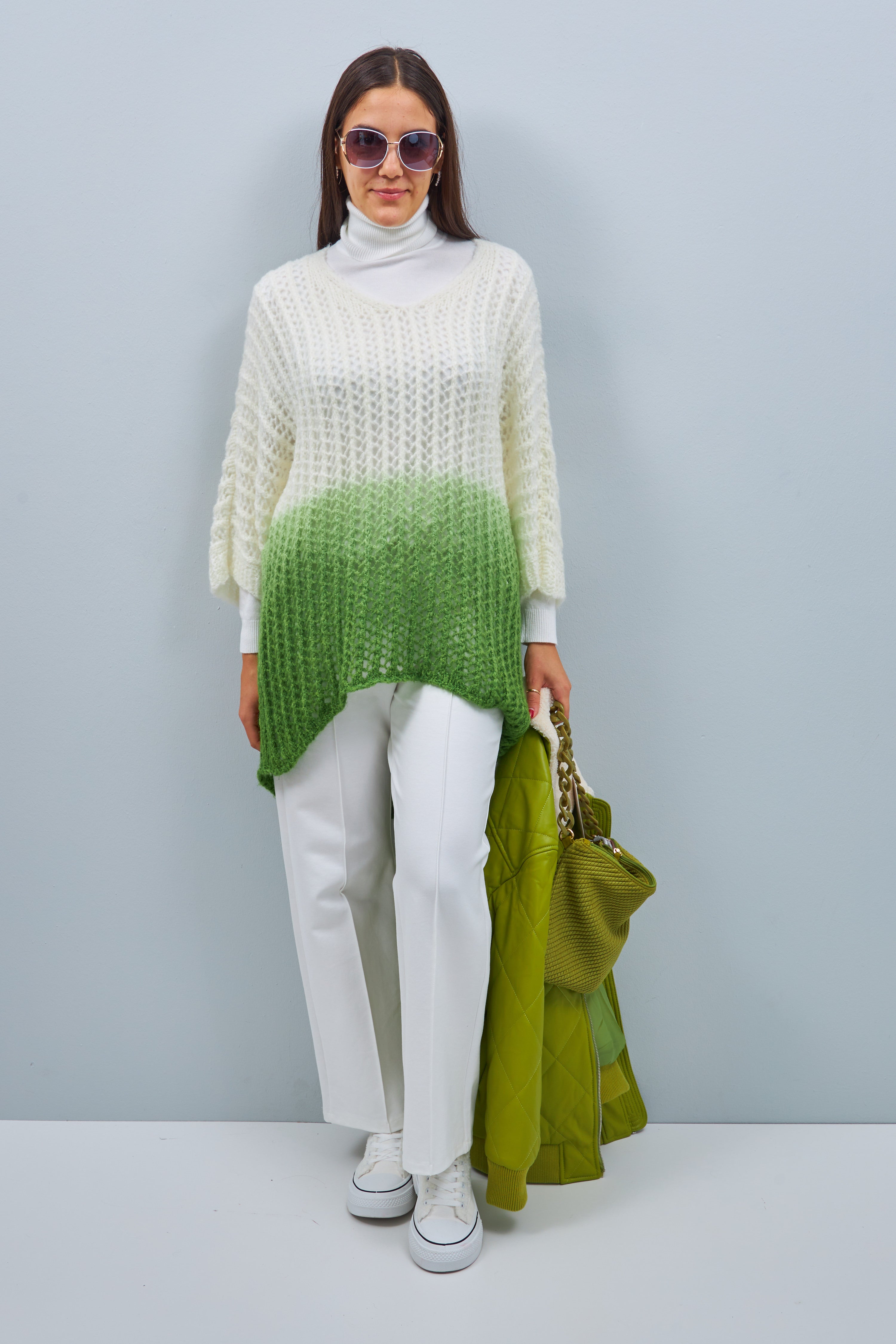 Knit sweater with color gradient, offwhite-green