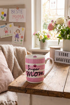 Tasse: super mom, rosa-weiß