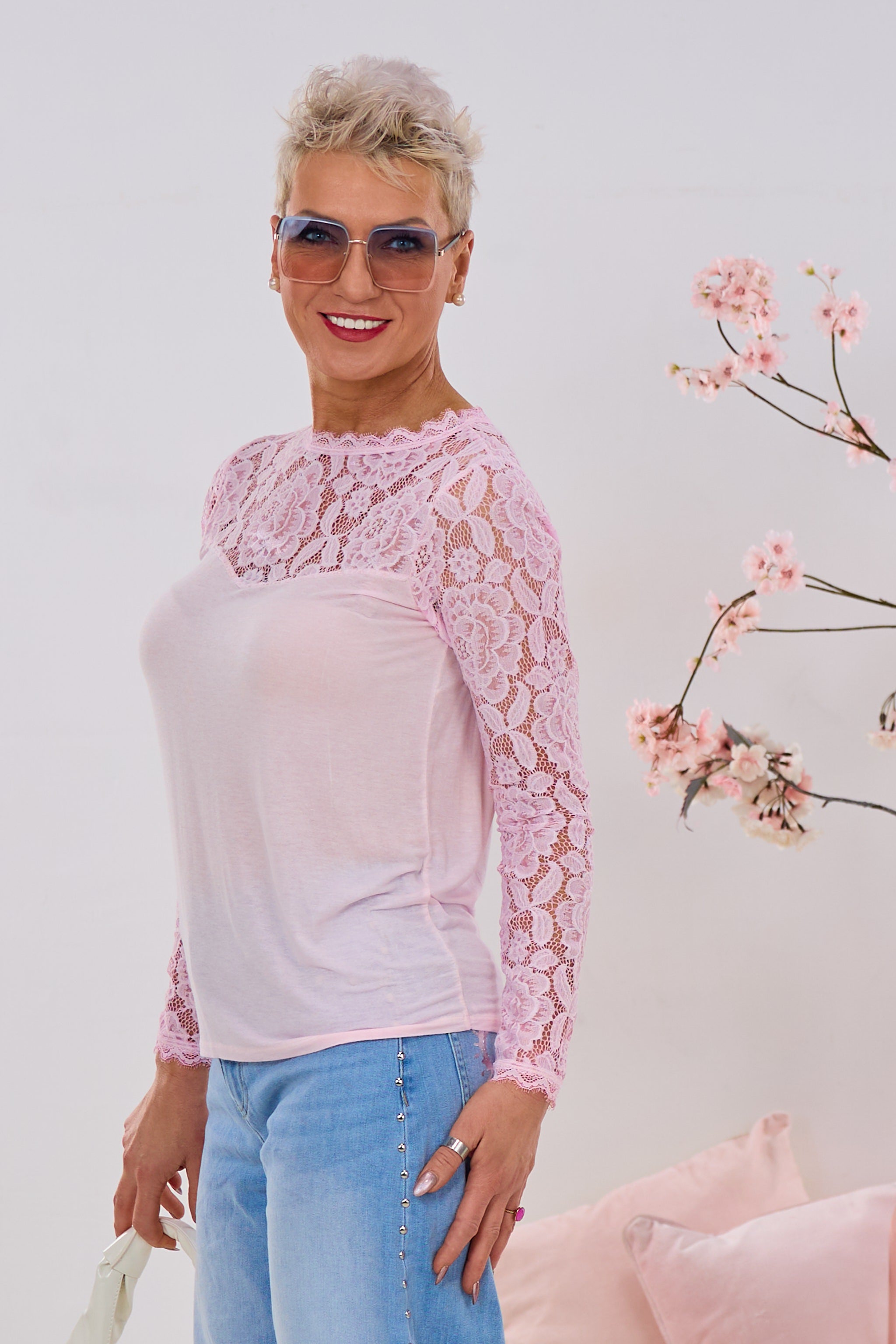 Longsleeve mit Spitze, candy rosa