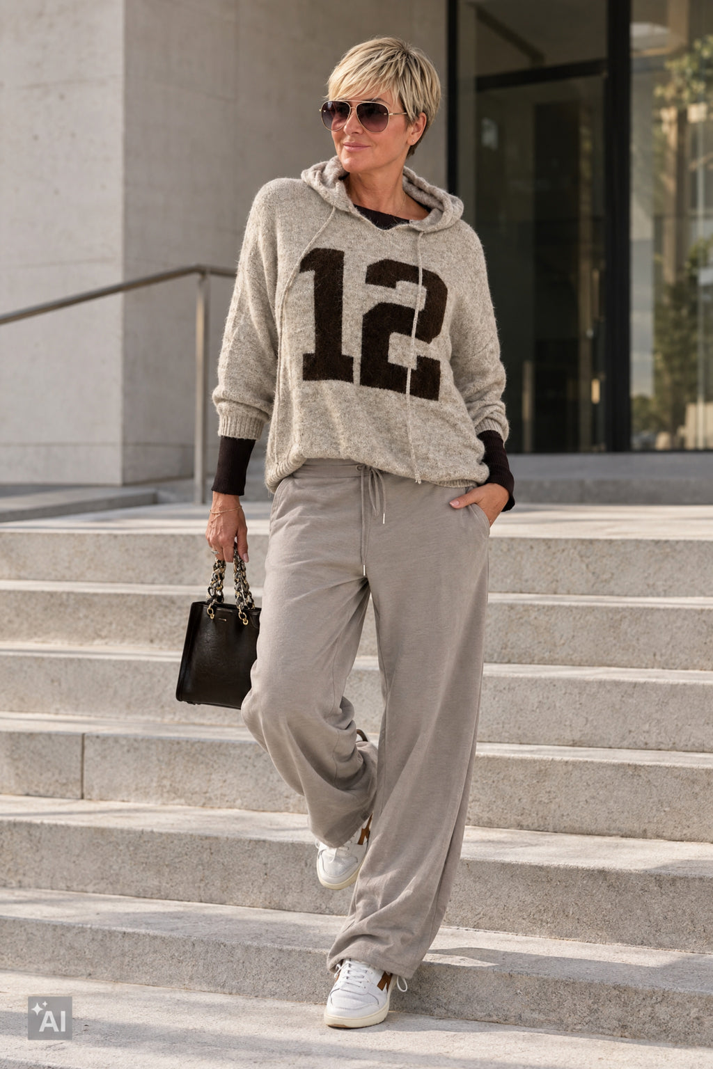 Oversized Strick-Hoodie "12", beige-braun