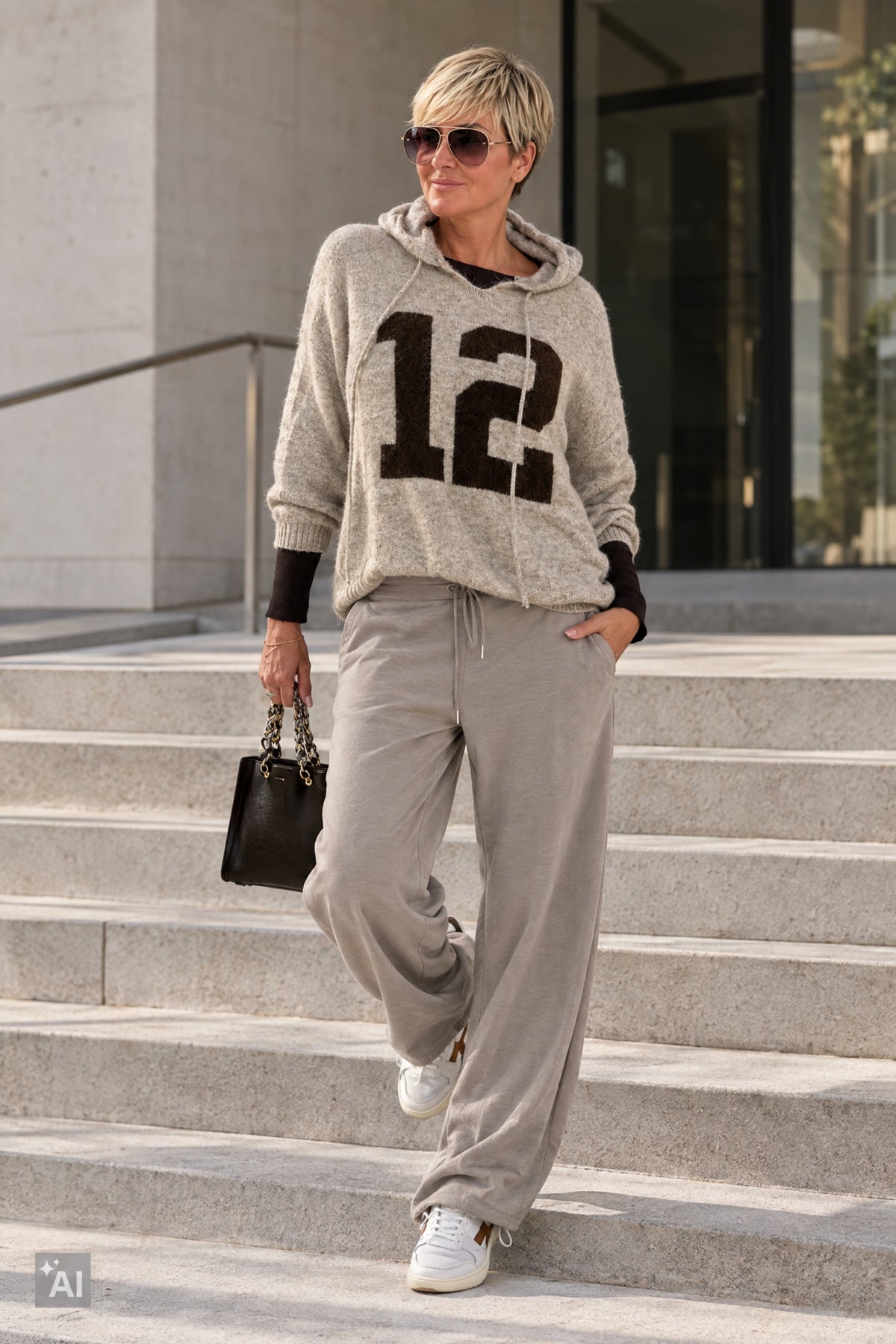 Oversized Strick-Hoodie "12", beige-braun