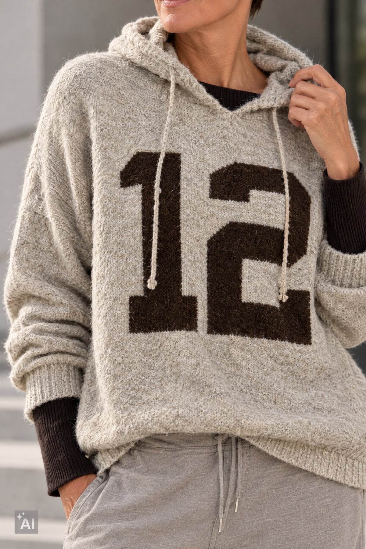 Oversized Strick-Hoodie "12", beige-braun