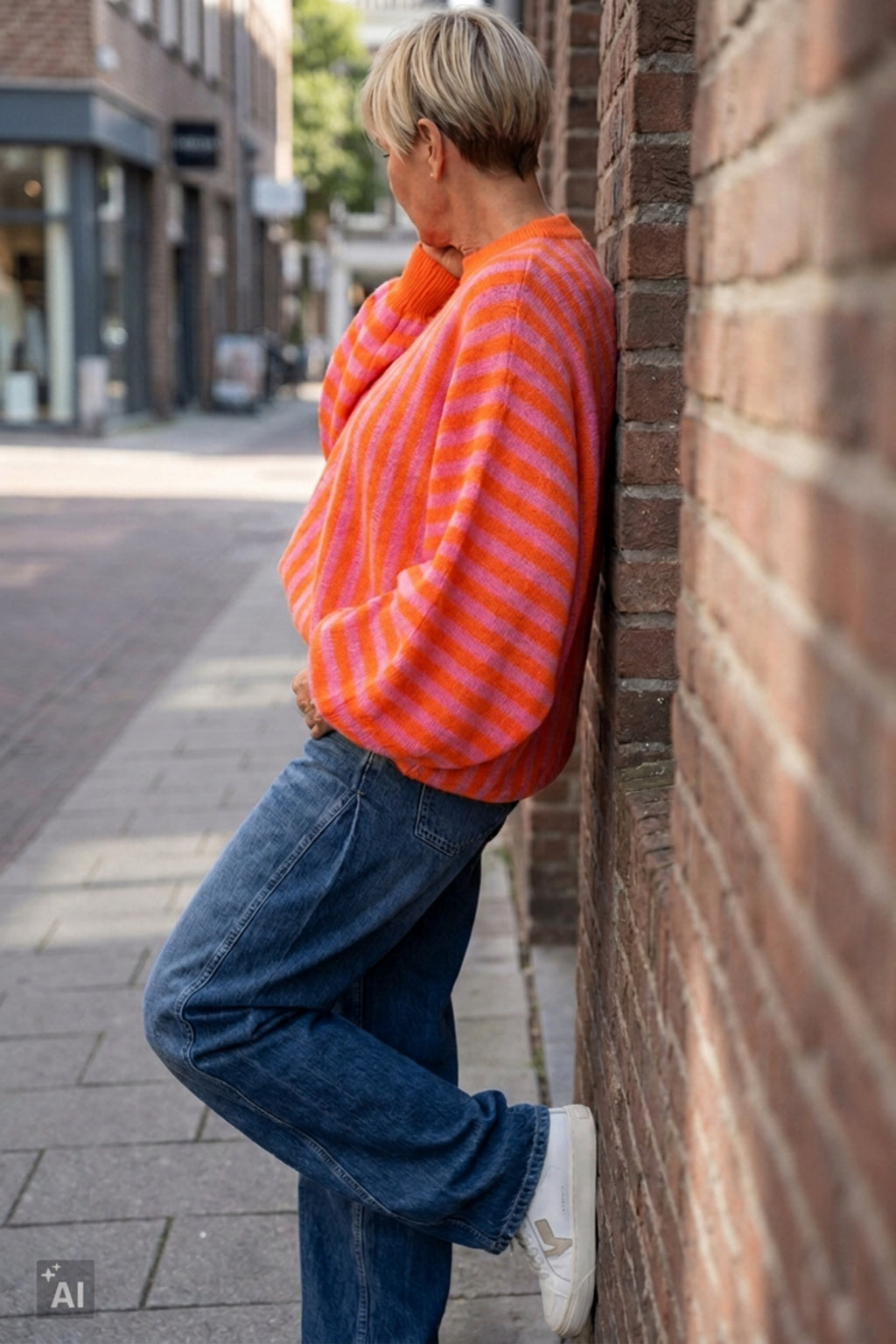 Gestreifter Strickpulli mit Fledermausärmeln, orange-rosa